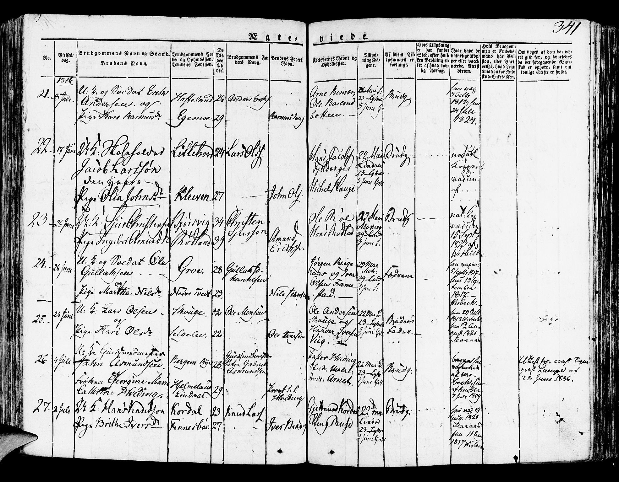 Lindås Sokneprestembete, AV/SAB-A-76701/H/Haa/Haaa/L0008: Parish register (official) no. A 8, 1823-1836, p. 341