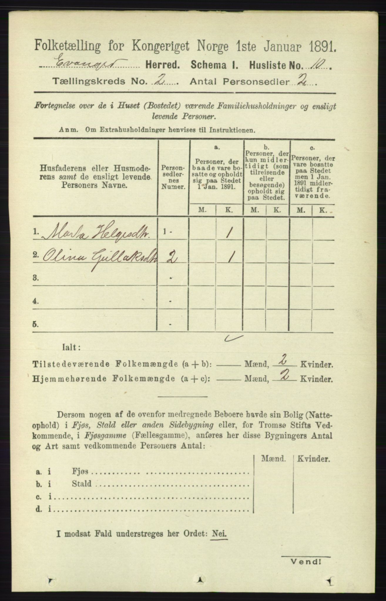 RA, 1891 census for 1237 Evanger, 1891, p. 264