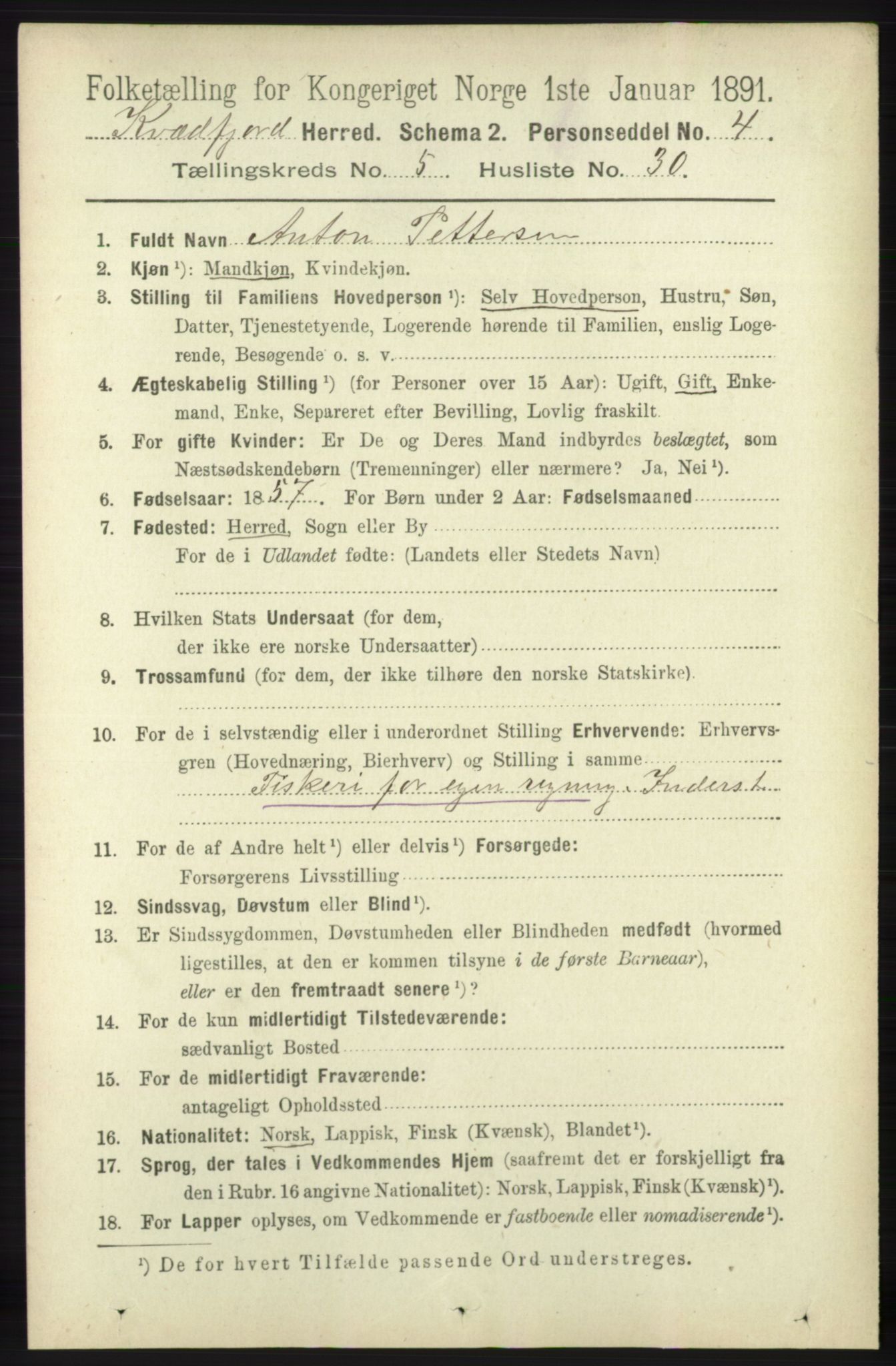 RA, 1891 census for 1911 Kvæfjord, 1891, p. 3047