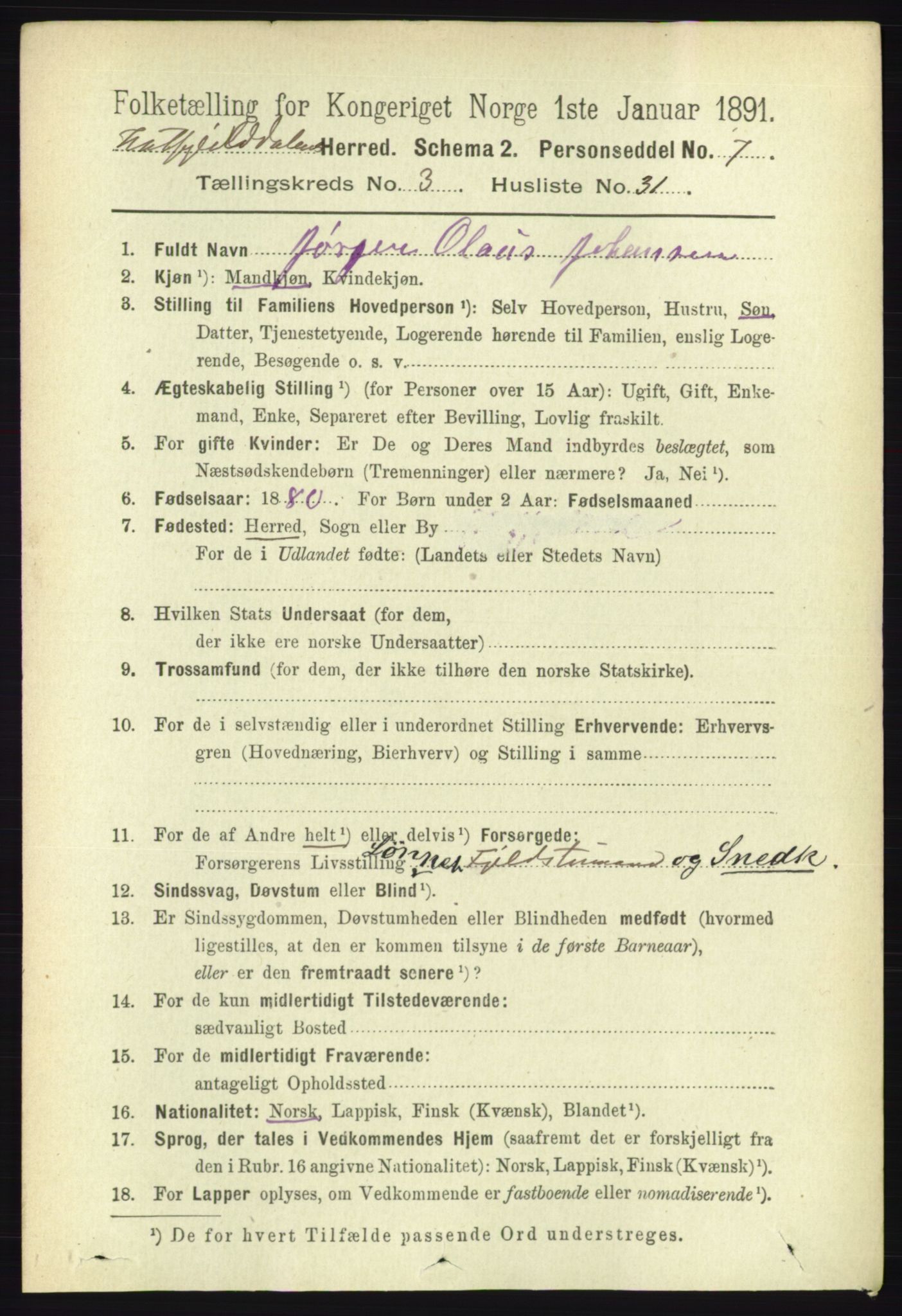 RA, 1891 census for 1826 Hattfjelldal, 1891, p. 880