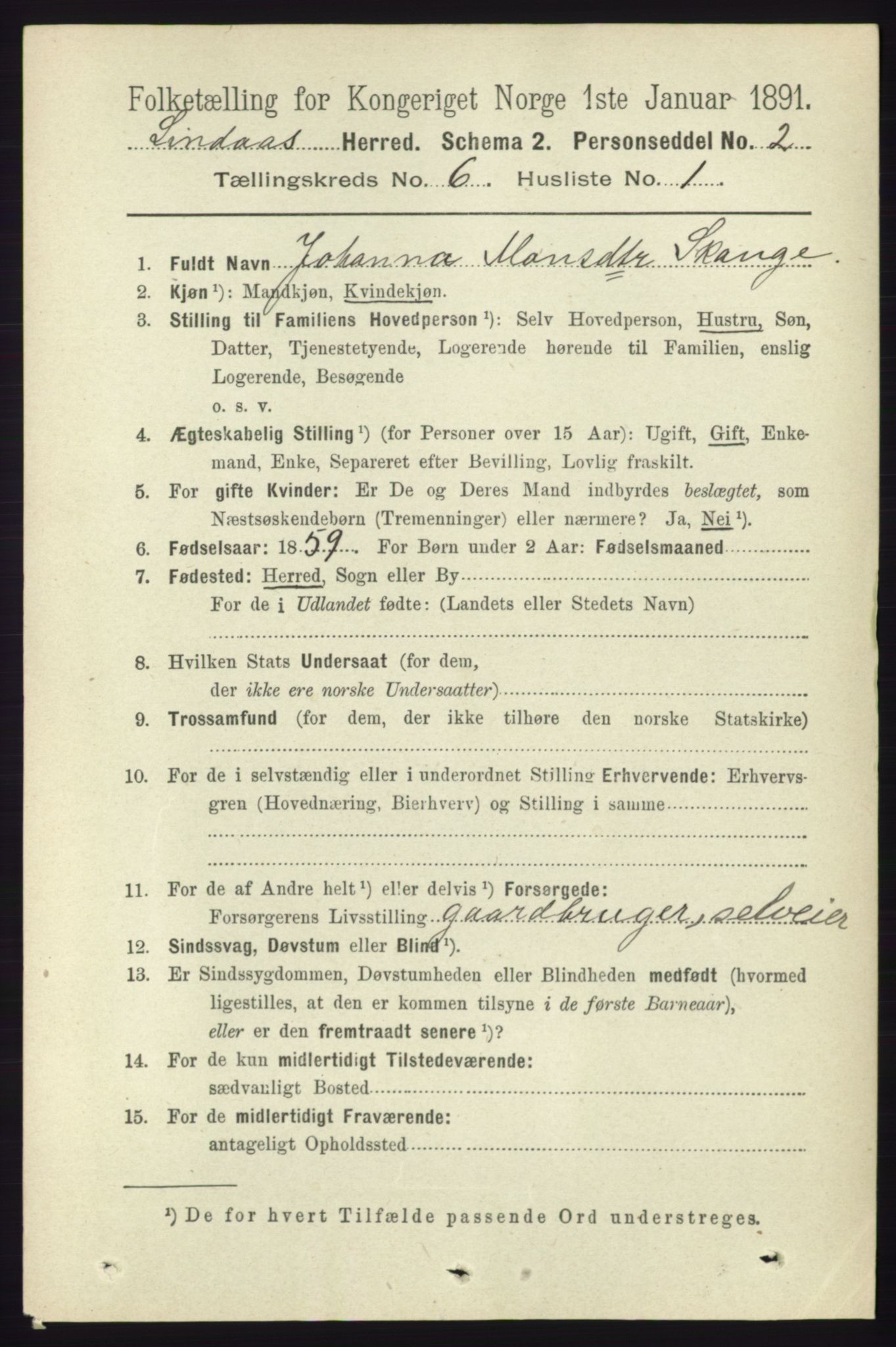 RA, 1891 census for 1263 Lindås, 1891, p. 1849