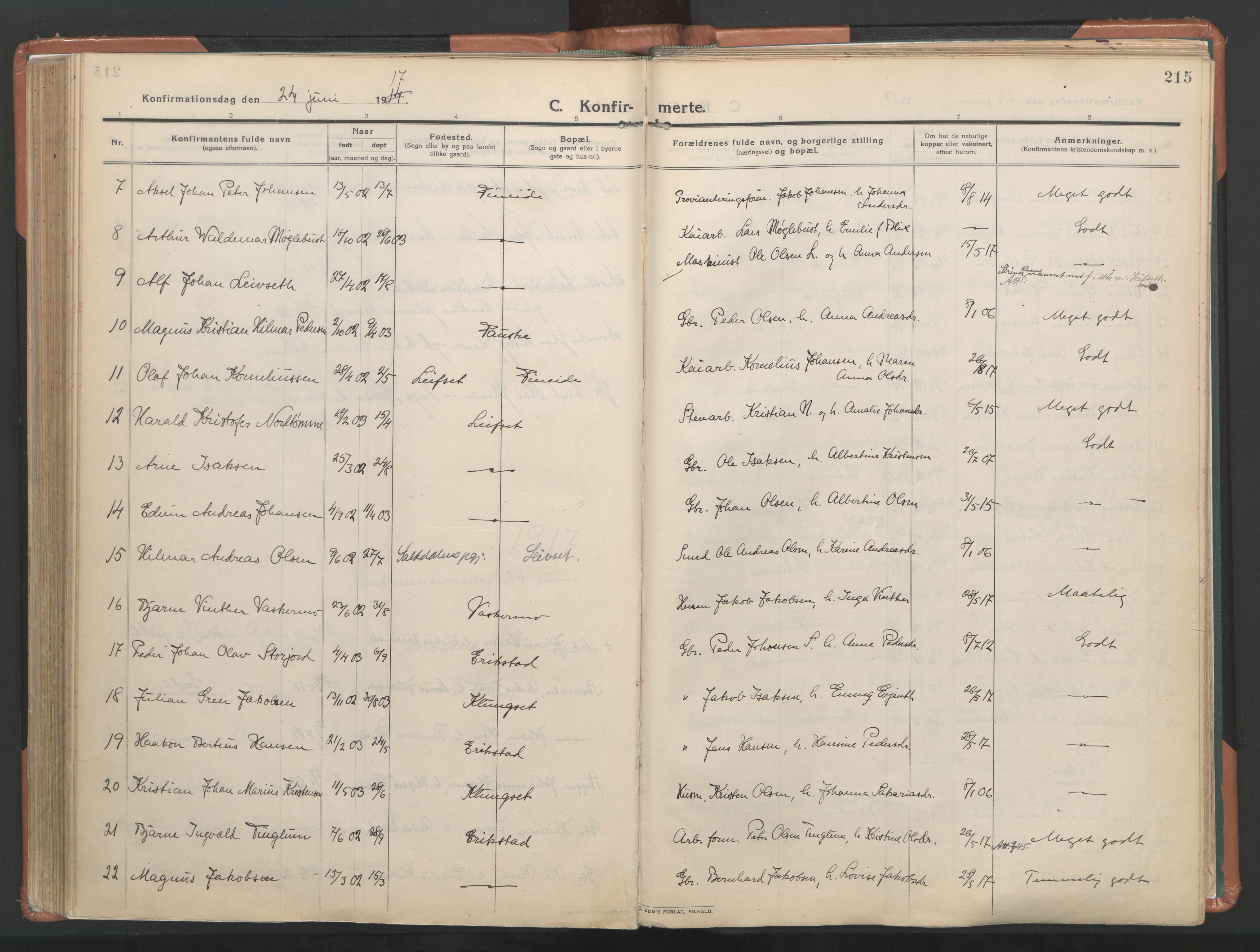 Ministerialprotokoller, klokkerbøker og fødselsregistre - Nordland, AV/SAT-A-1459/849/L0698: Parish register (official) no. 849A09, 1911-1924, p. 215