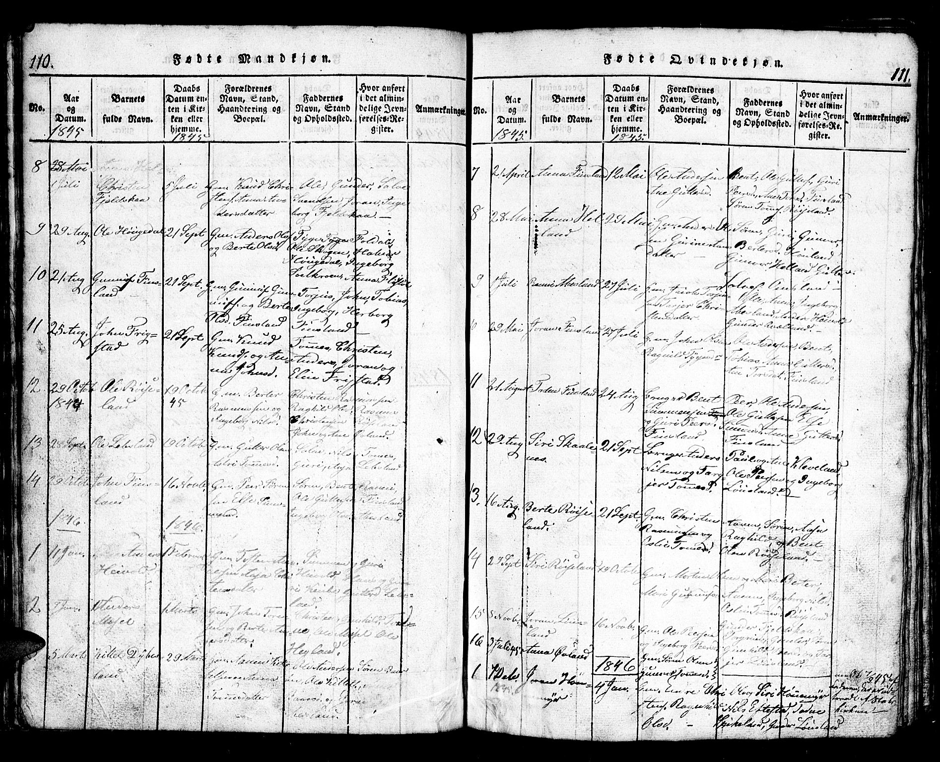 Bjelland sokneprestkontor, SAK/1111-0005/F/Fb/Fbb/L0003: Parish register (copy) no. B 3, 1816-1868, p. 110-111