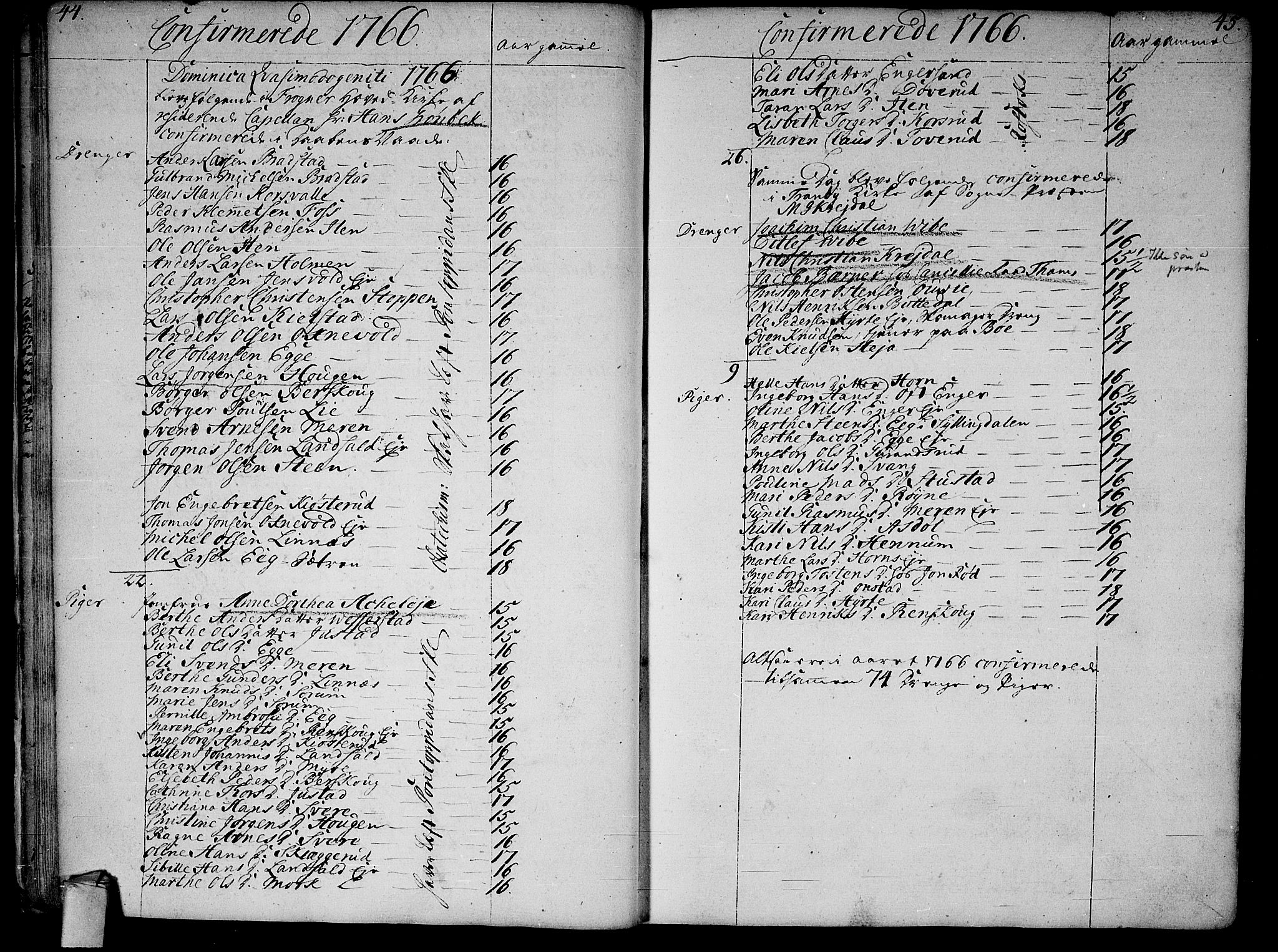 Lier kirkebøker, AV/SAKO-A-230/F/Fa/L0005: Parish register (official) no. I 5, 1764-1777, p. 44-45