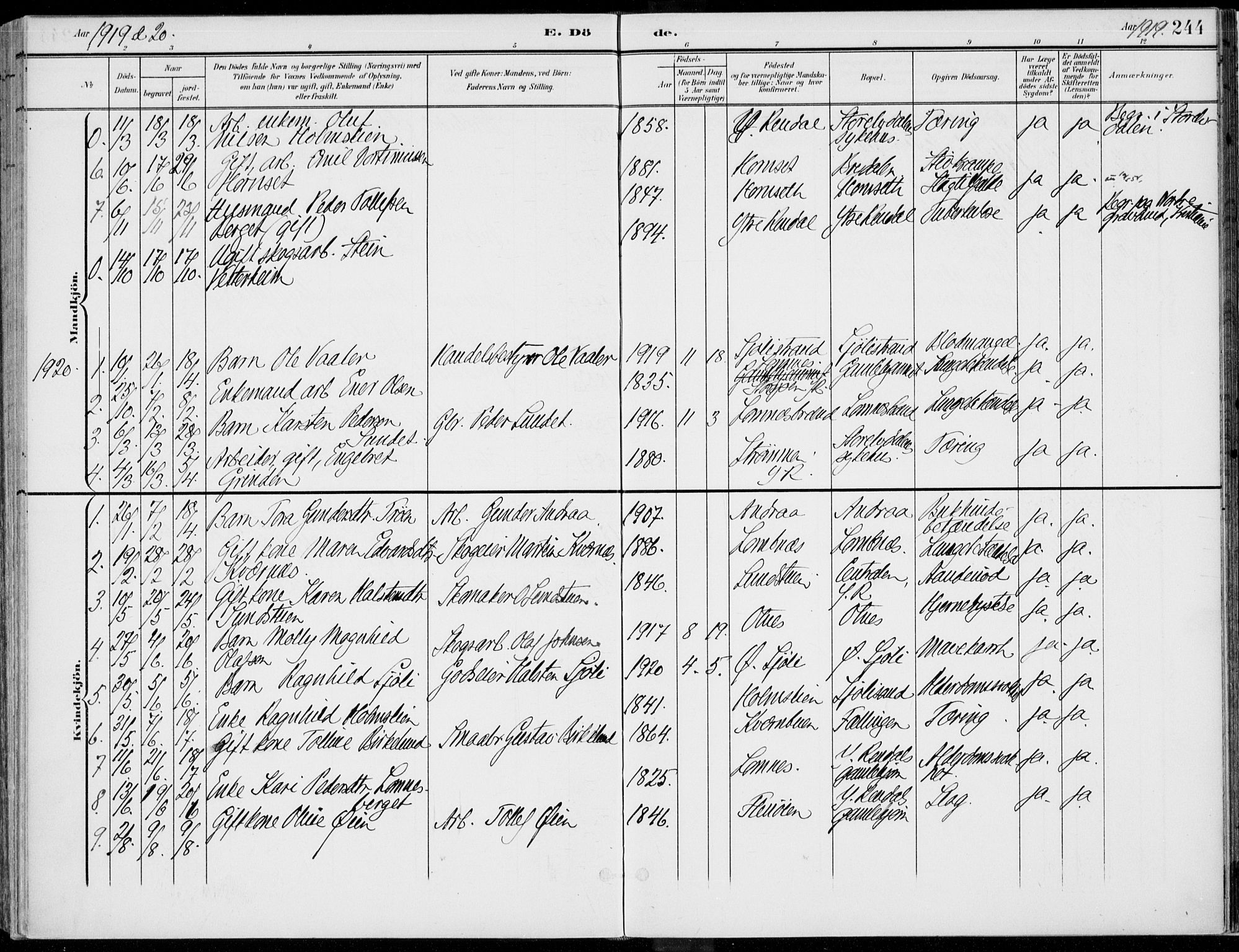Rendalen prestekontor, SAH/PREST-054/H/Ha/Haa/L0011: Parish register (official) no. 11, 1901-1925, p. 244