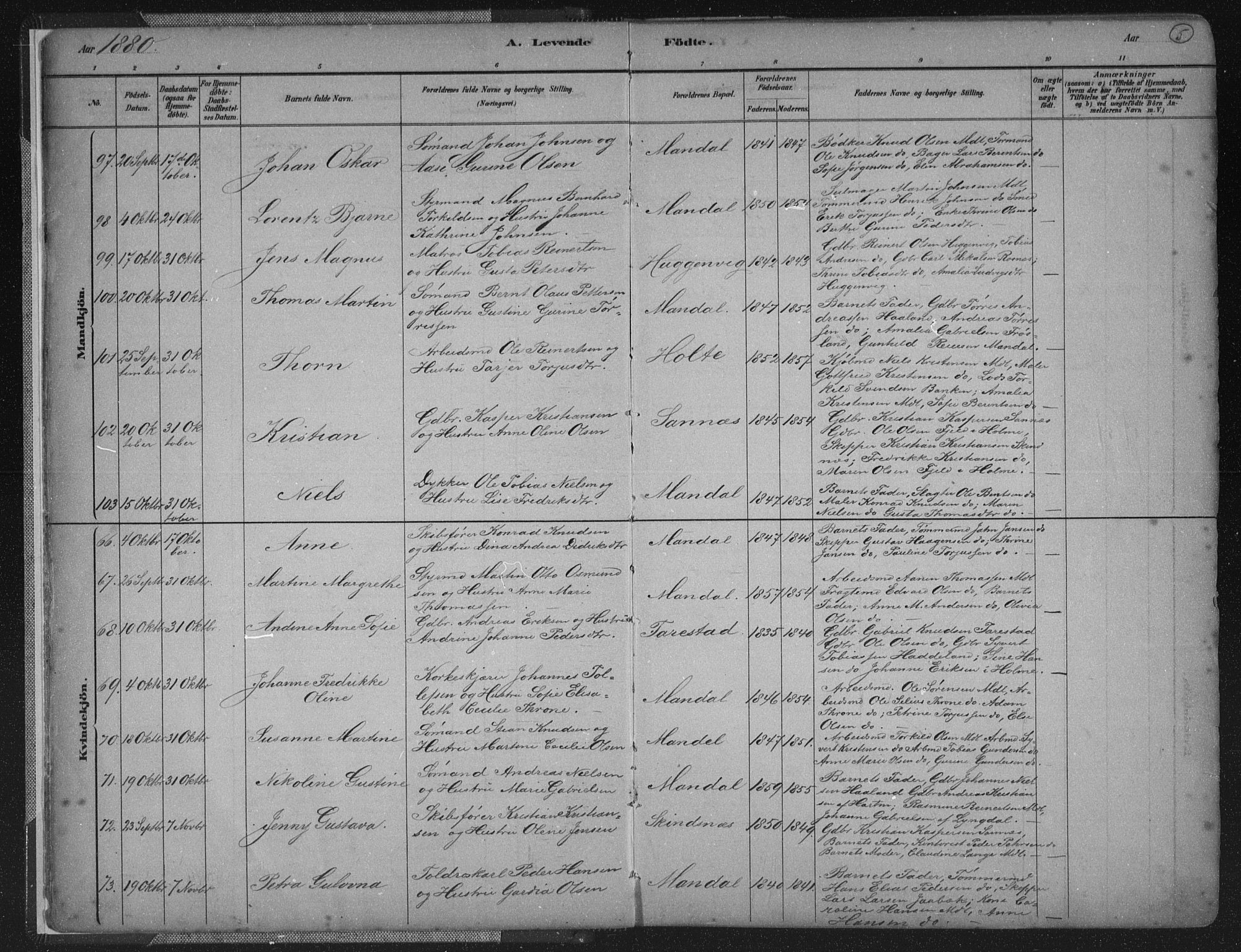 Mandal sokneprestkontor, SAK/1111-0030/F/Fb/Fba/L0011: Parish register (copy) no. B 5, 1880-1898, p. 5