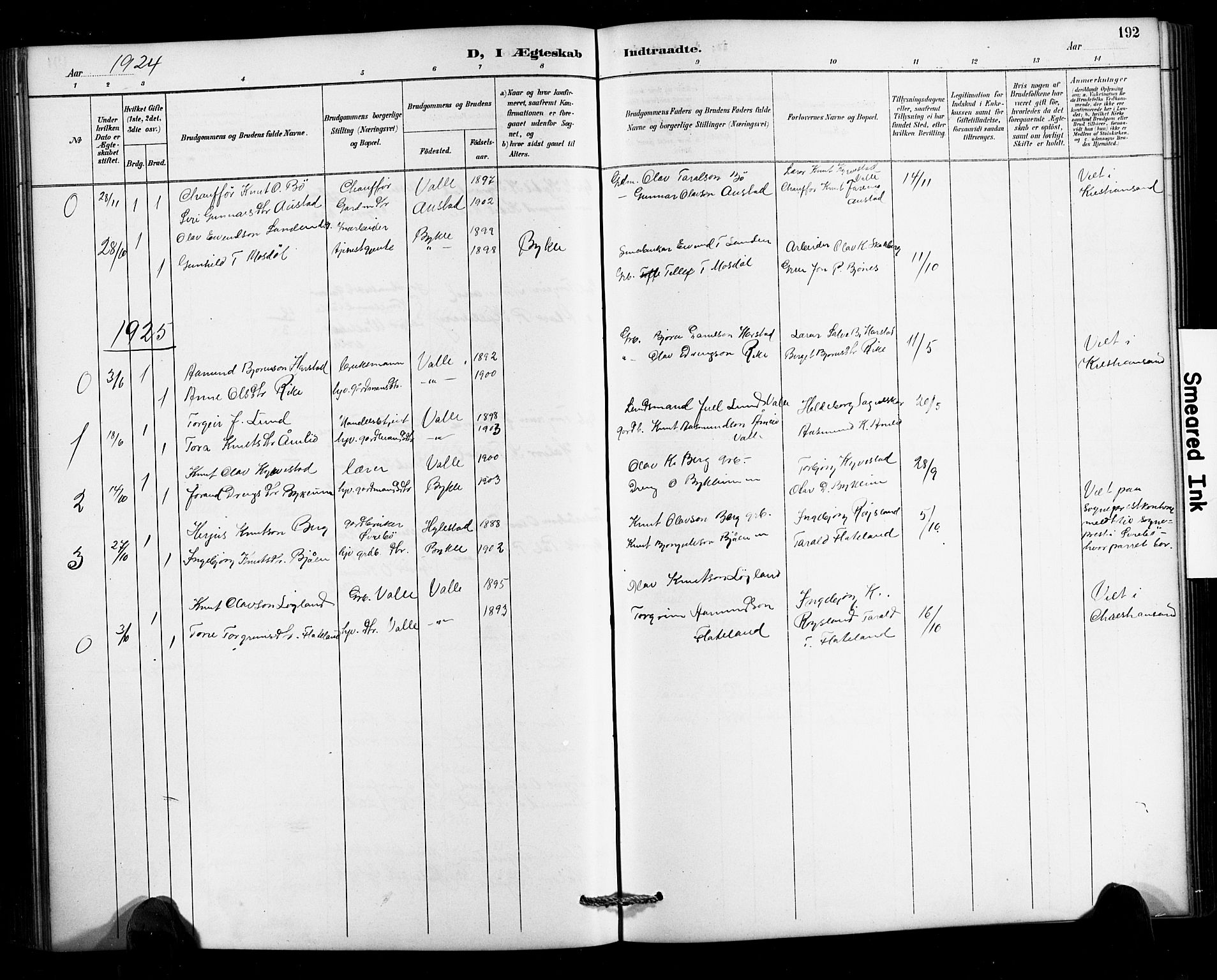 Valle sokneprestkontor, SAK/1111-0044/F/Fb/Fbc/L0004: Parish register (copy) no. B 4, 1890-1928, p. 192