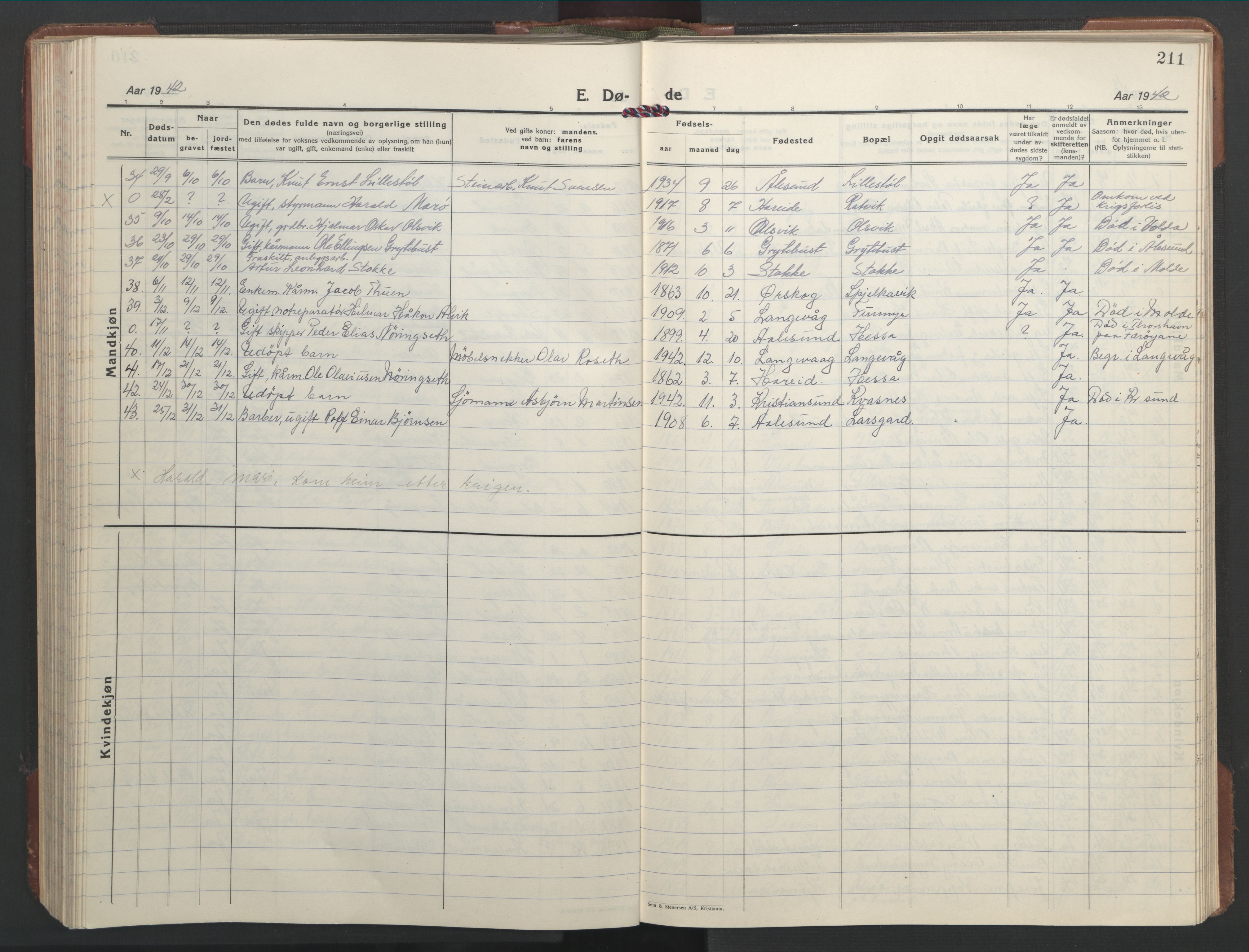 Ministerialprotokoller, klokkerbøker og fødselsregistre - Møre og Romsdal, AV/SAT-A-1454/528/L0435: Parish register (copy) no. 528C16, 1923-1957, p. 211