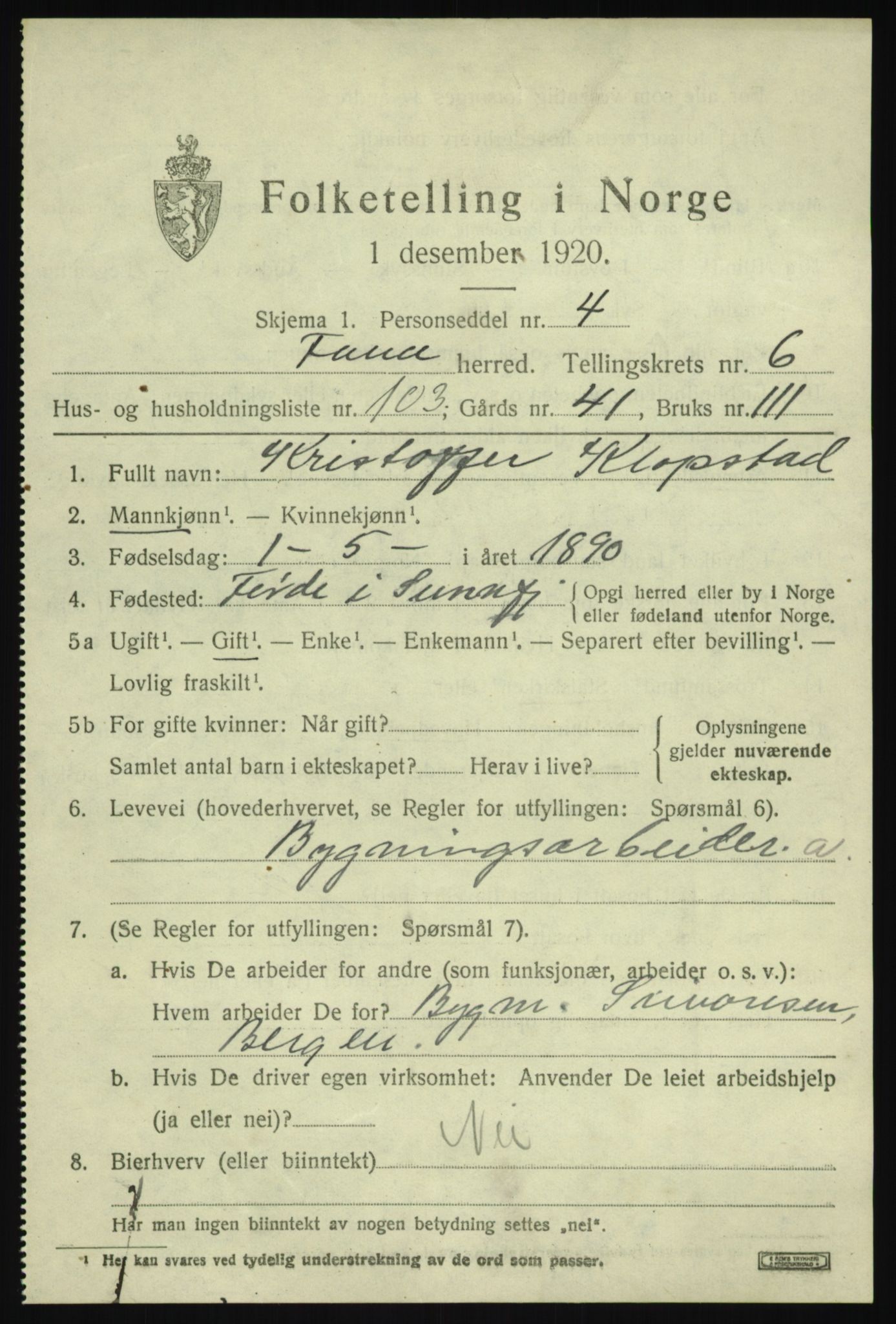SAB, 1920 census for Fana, 1920, p. 12063