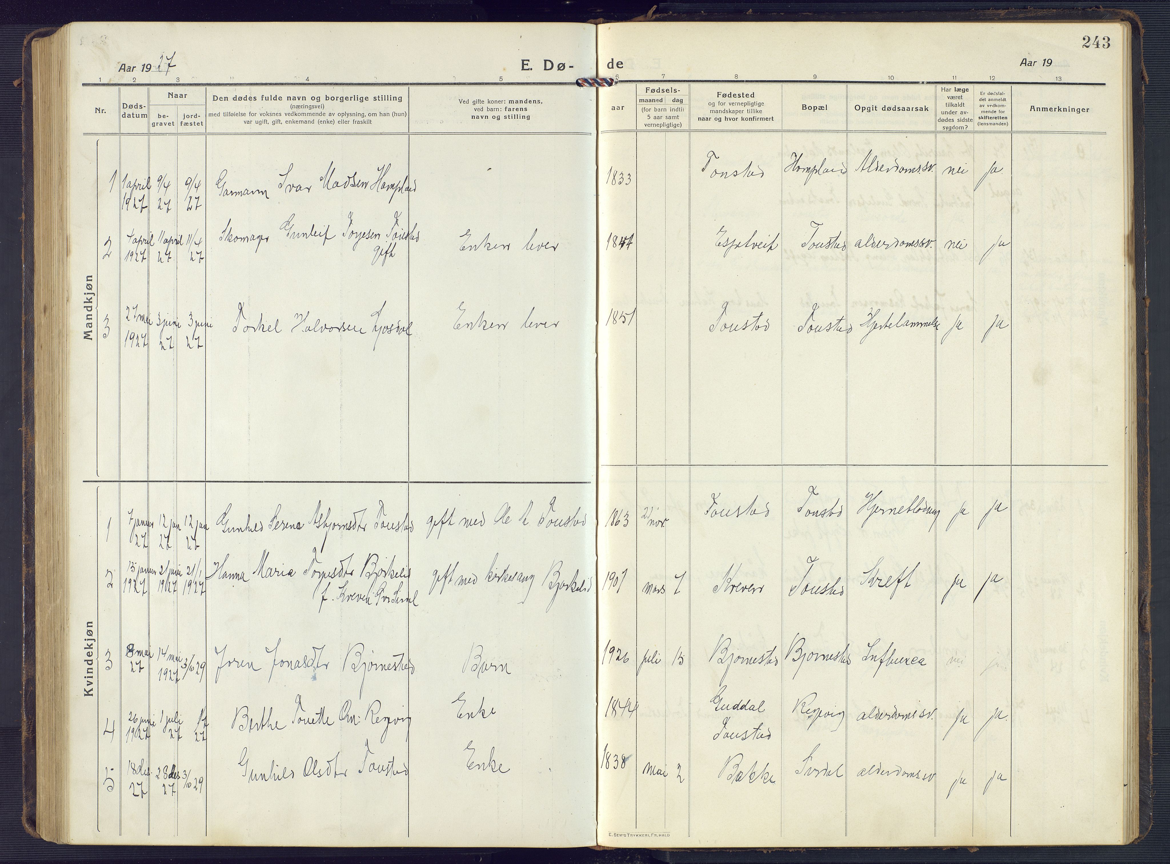 Sirdal sokneprestkontor, SAK/1111-0036/F/Fb/Fbb/L0005: Parish register (copy) no. B 5, 1916-1960, p. 243