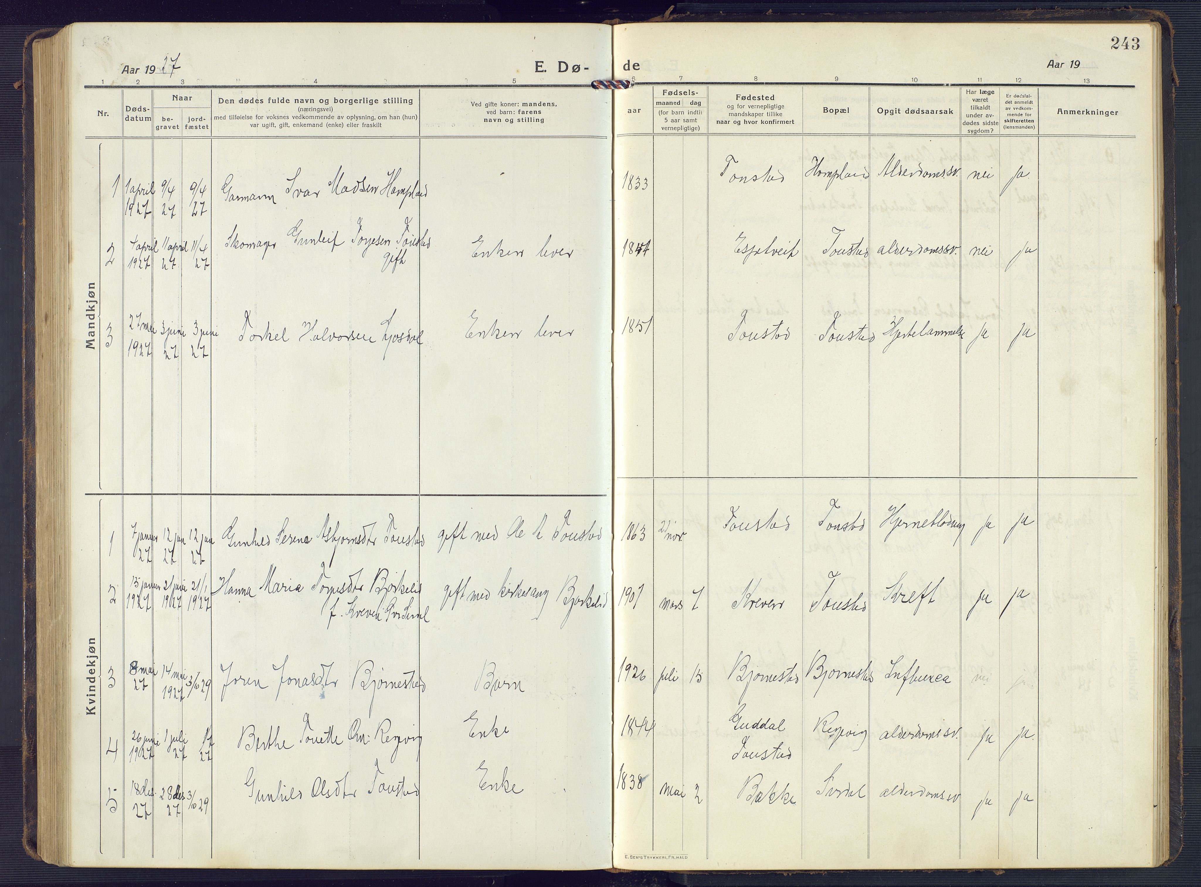 Sirdal sokneprestkontor, AV/SAK-1111-0036/F/Fb/Fbb/L0005: Parish register (copy) no. B 5, 1916-1960, p. 243