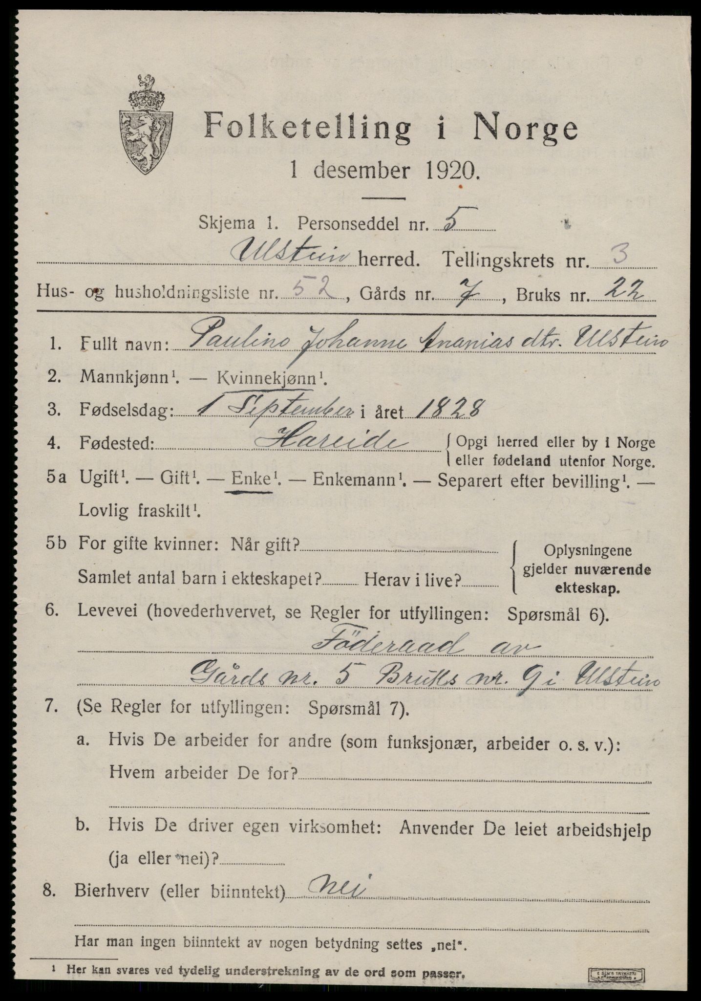 SAT, 1920 census for Ulstein, 1920, p. 2612