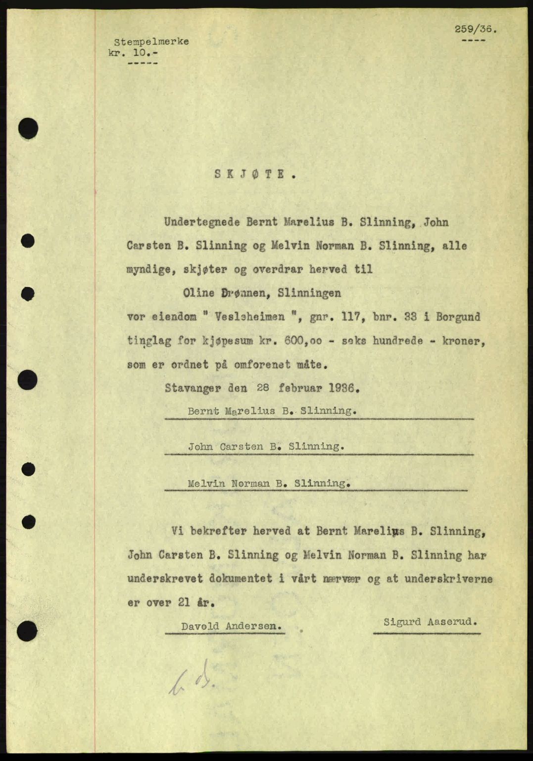 Nordre Sunnmøre sorenskriveri, AV/SAT-A-0006/1/2/2C/2Ca: Mortgage book no. A1, 1936-1936, Diary no: : 259/1936