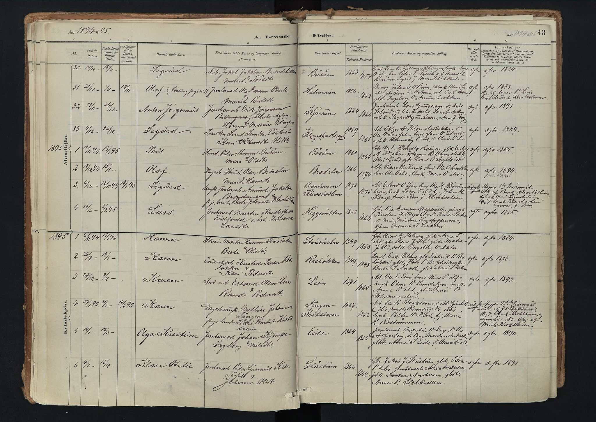 Nord-Fron prestekontor, SAH/PREST-080/H/Ha/Haa/L0003: Parish register (official) no. 3, 1884-1914, p. 43