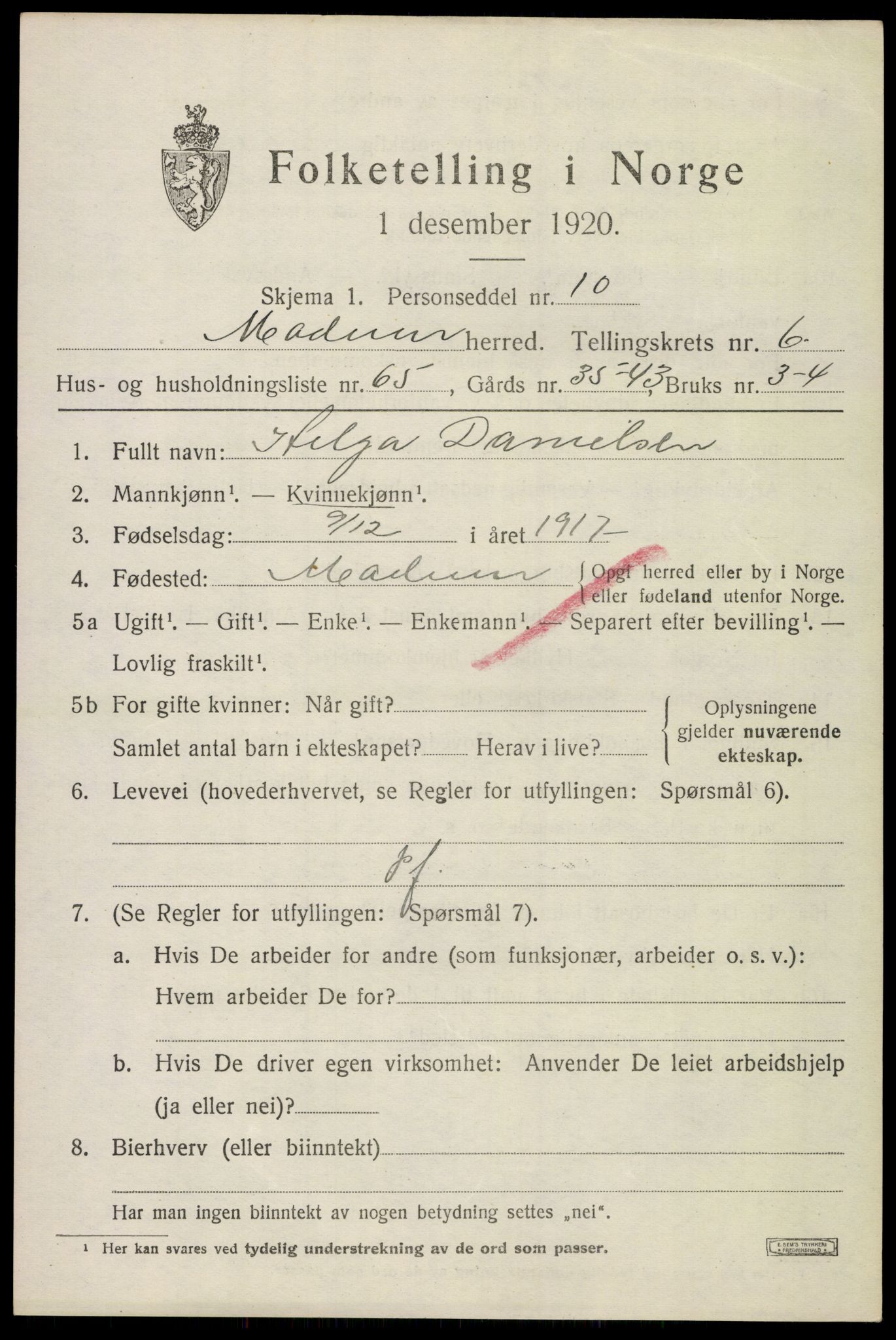 SAKO, 1920 census for Modum, 1920, p. 9655