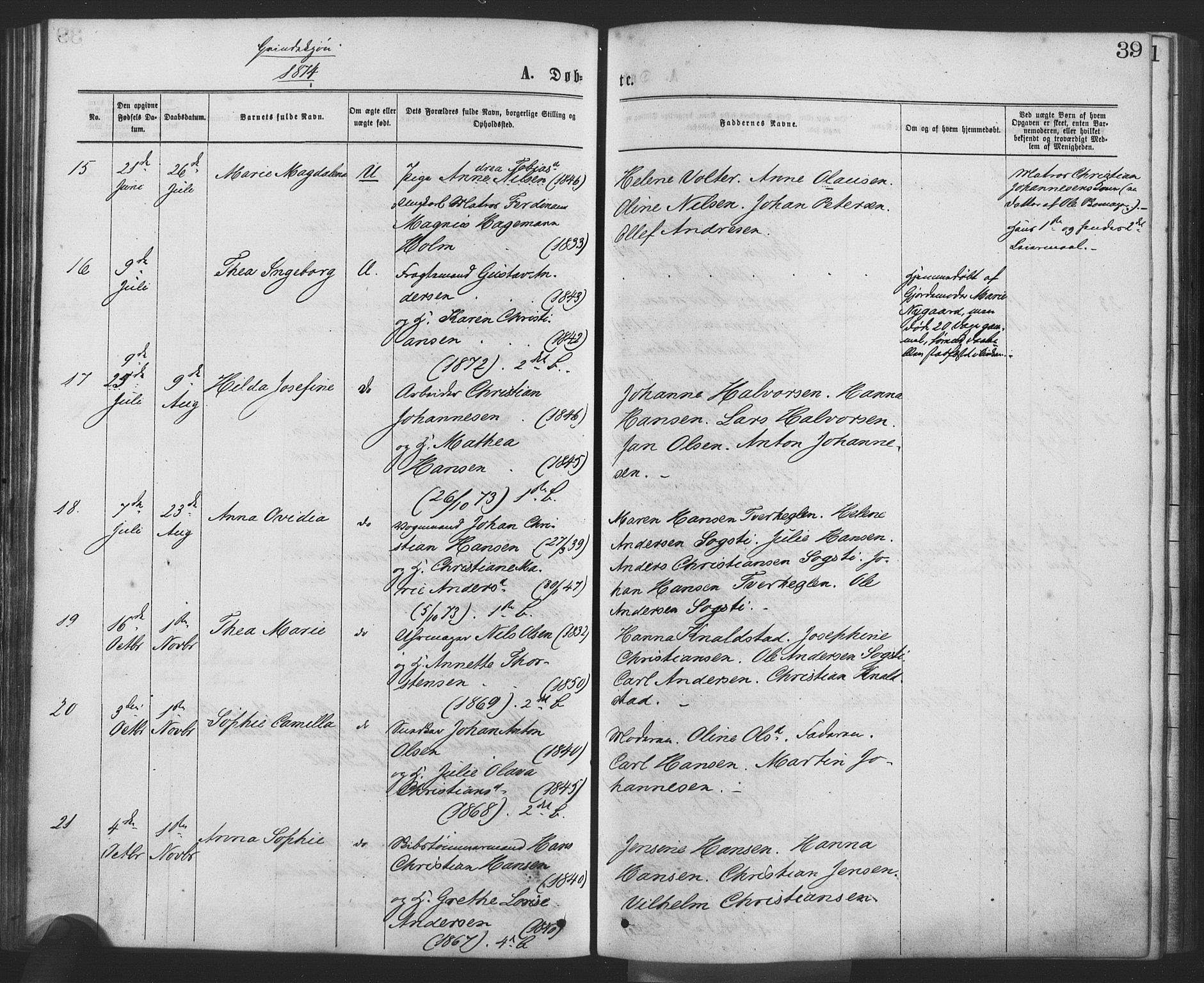 Drøbak prestekontor Kirkebøker, SAO/A-10142a/F/Fa/L0003: Parish register (official) no. I 3, 1871-1877, p. 39