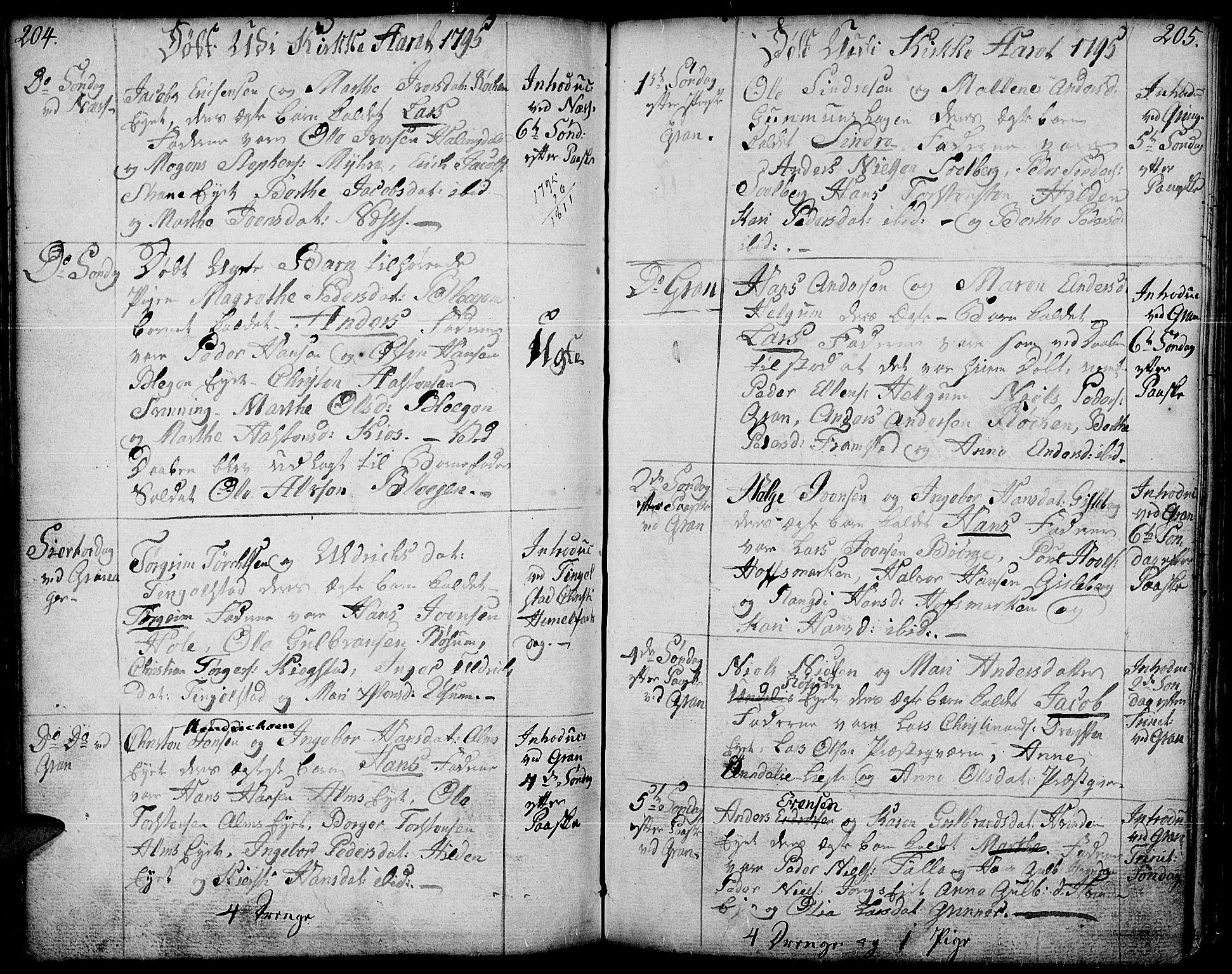 Gran prestekontor, AV/SAH-PREST-112/H/Ha/Haa/L0006: Parish register (official) no. 6, 1787-1824, p. 204-205