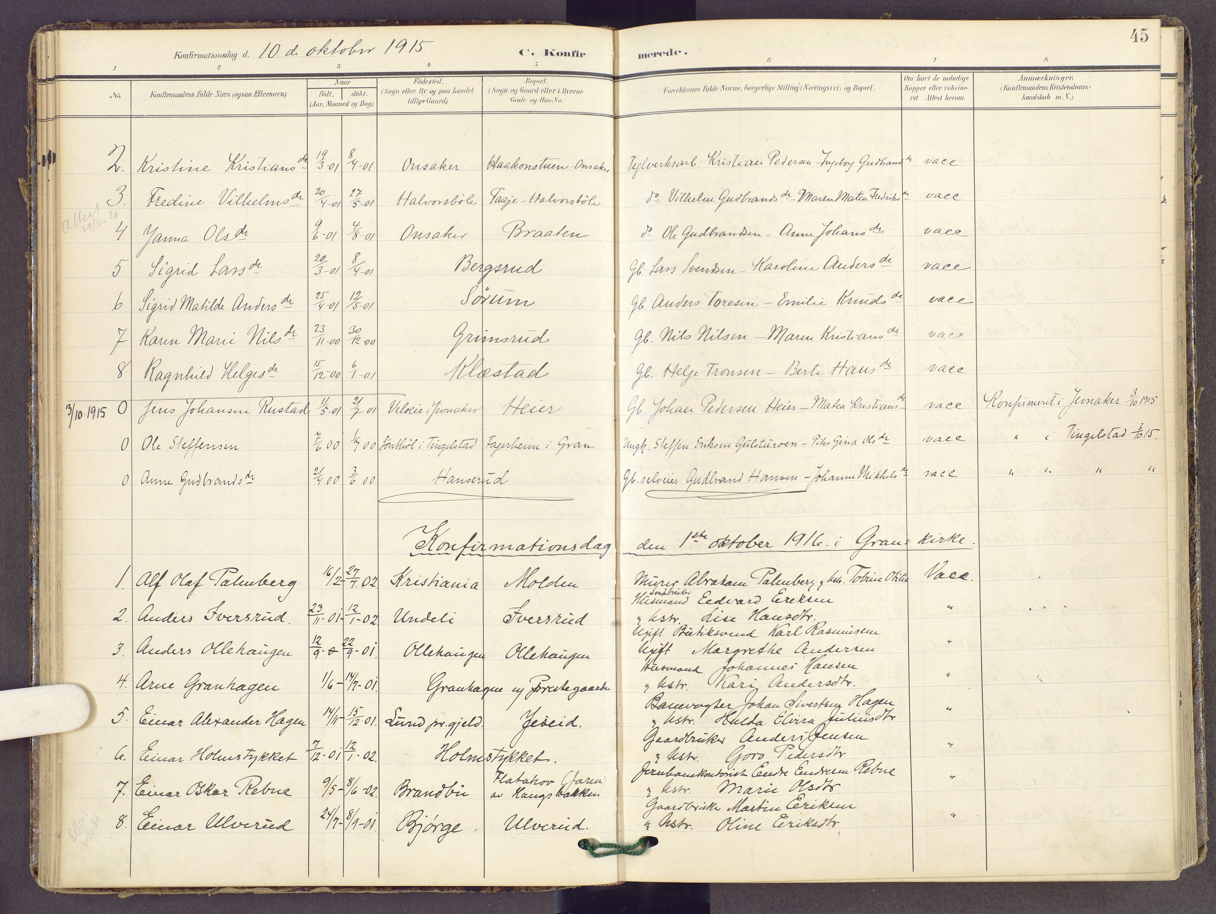 Gran prestekontor, SAH/PREST-112/H/Ha/Haa/L0022: Parish register (official) no. 22, 1908-1918, p. 45