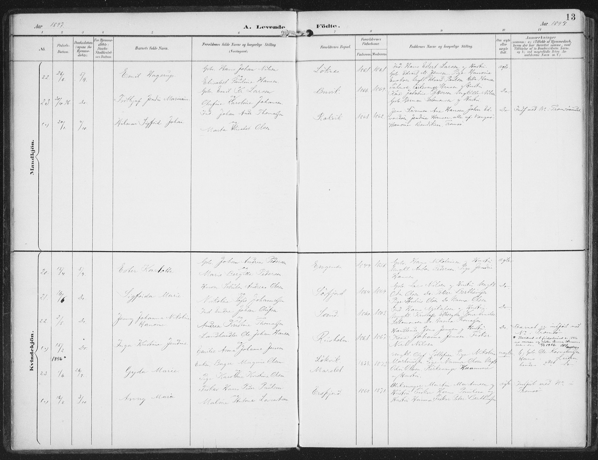 Lenvik sokneprestembete, SATØ/S-1310/H/Ha/Haa/L0015kirke: Parish register (official) no. 15, 1896-1915, p. 13