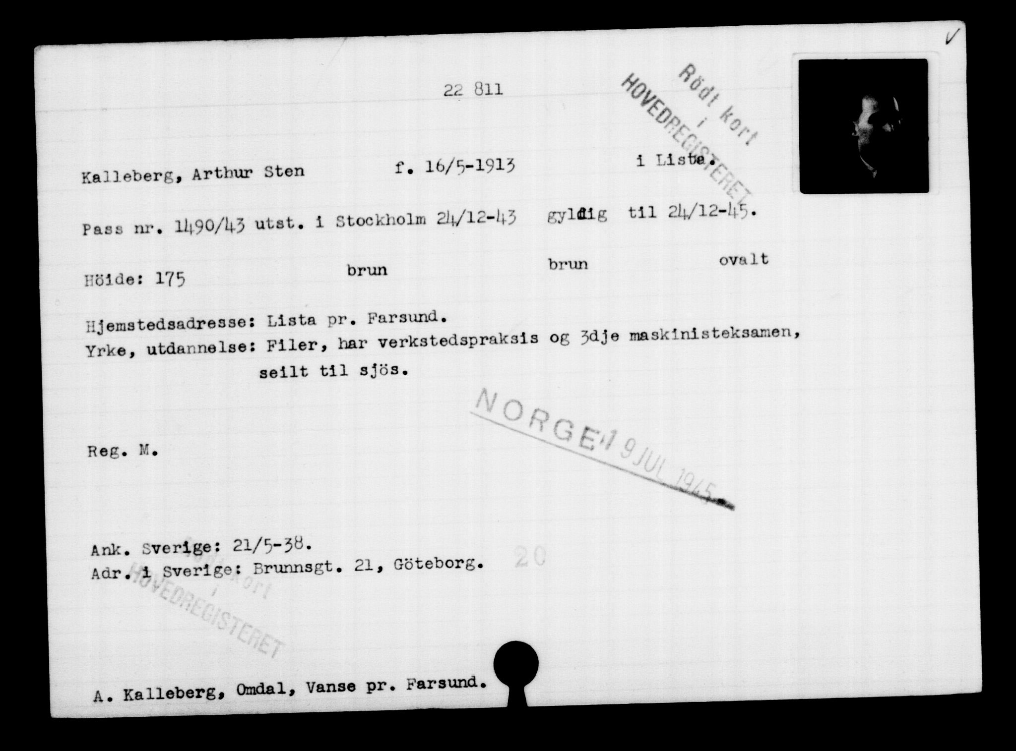 Den Kgl. Norske Legasjons Flyktningskontor, RA/S-6753/V/Va/L0010: Kjesäterkartoteket.  Flyktningenr. 22000-25314, 1940-1945, p. 889