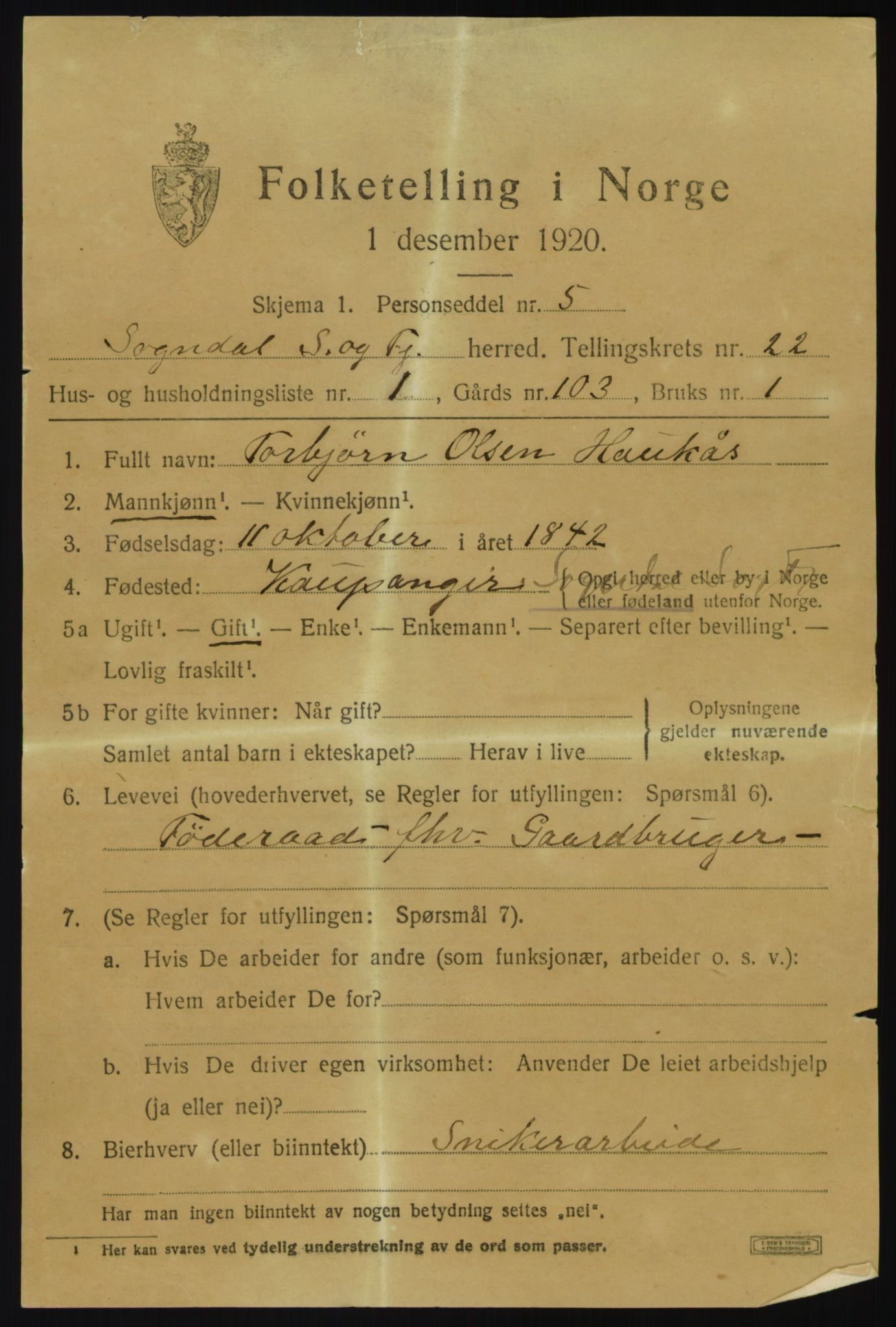 SAB, 1920 census for Sogndal, 1920, p. 7953