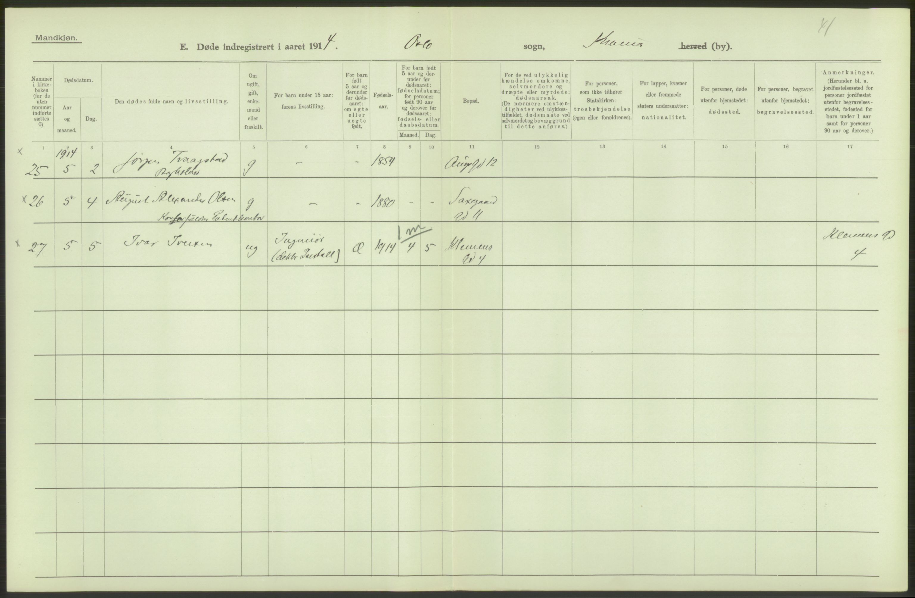 Statistisk sentralbyrå, Sosiodemografiske emner, Befolkning, AV/RA-S-2228/D/Df/Dfb/Dfbd/L0008: Kristiania: Døde, 1914, p. 134