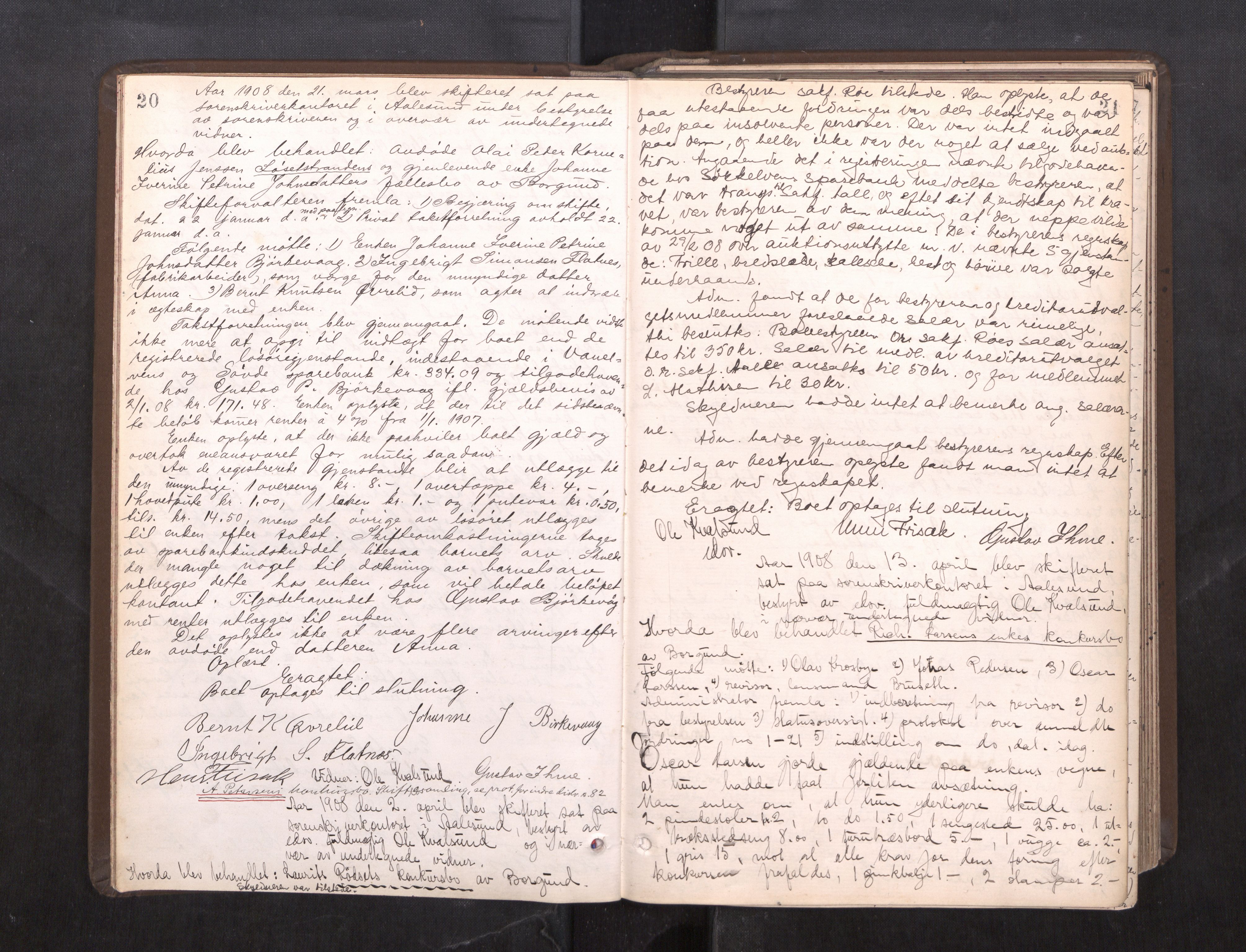 Nordre Sunnmøre sorenskriveri, AV/SAT-A-0006/1/3/3B/L0004: Skiftebehandlingsprotokoll 4, 1907-1914, p. 20-21