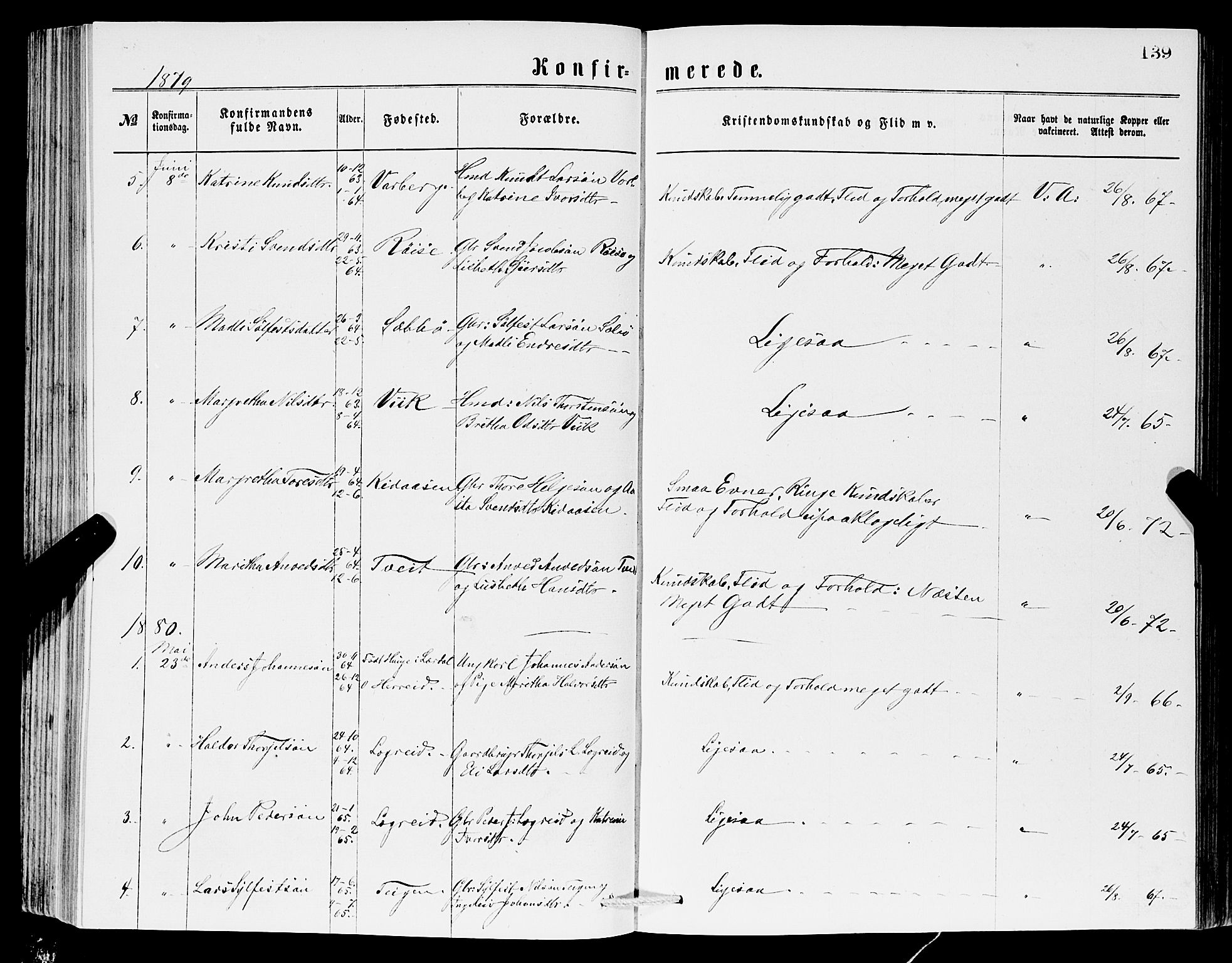 Ullensvang sokneprestembete, SAB/A-78701/H/Hab: Parish register (copy) no. C 2, 1871-1899, p. 139