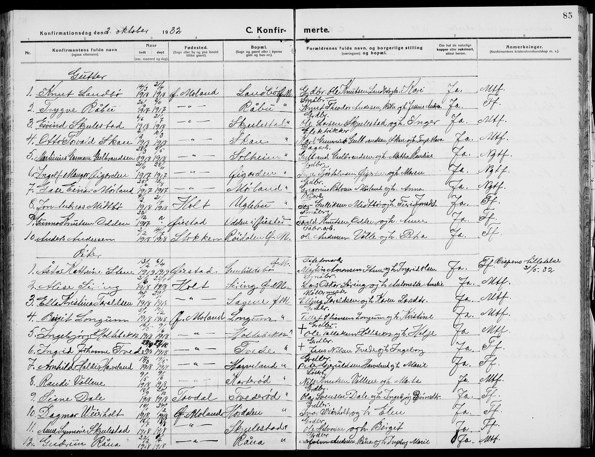 Austre Moland sokneprestkontor, SAK/1111-0001/F/Fb/Fba/L0005: Parish register (copy) no. B 4b, 1914-1935, p. 85