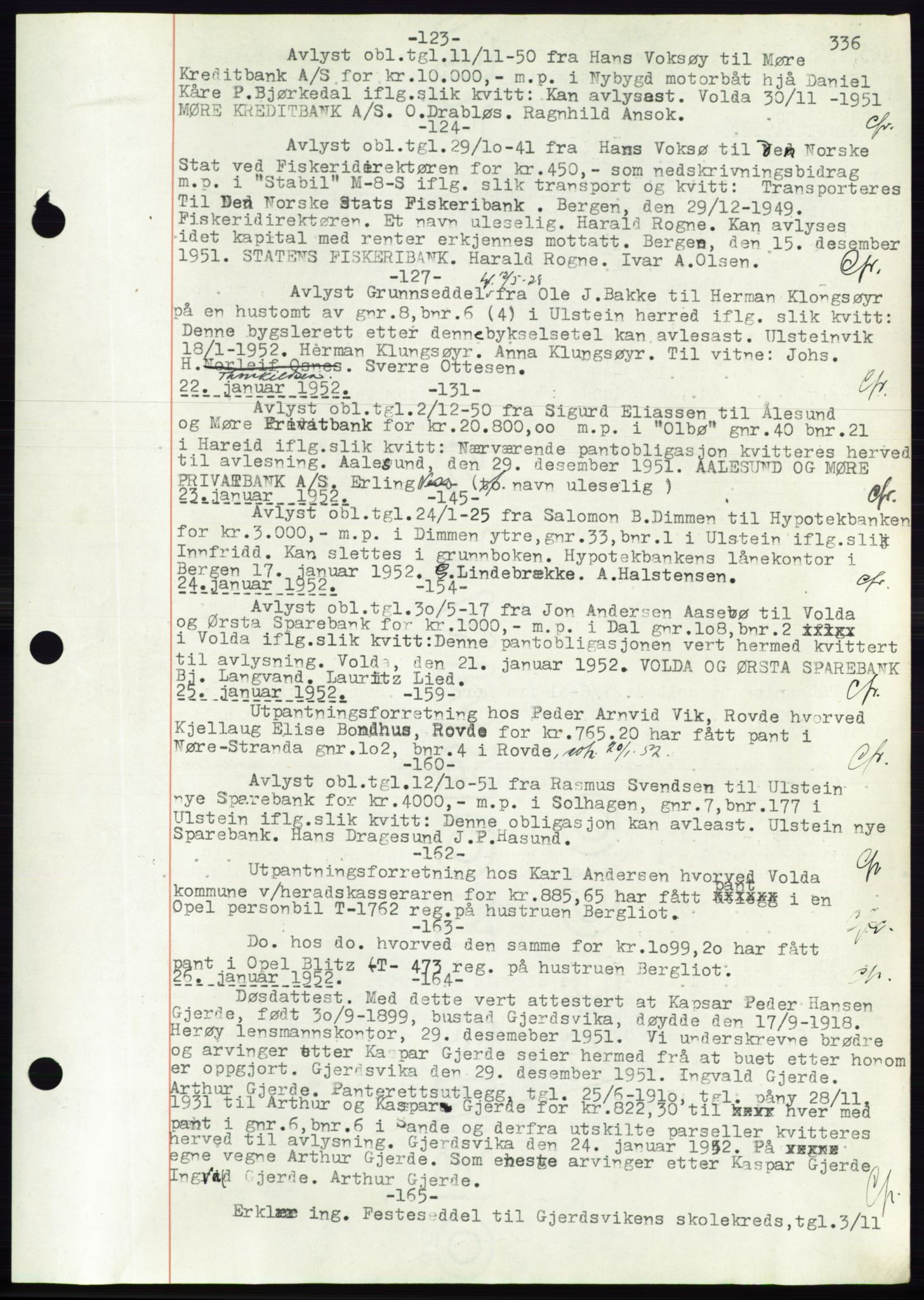 Søre Sunnmøre sorenskriveri, AV/SAT-A-4122/1/2/2C/L0072: Mortgage book no. 66, 1941-1955, Diary no: : 123/1952