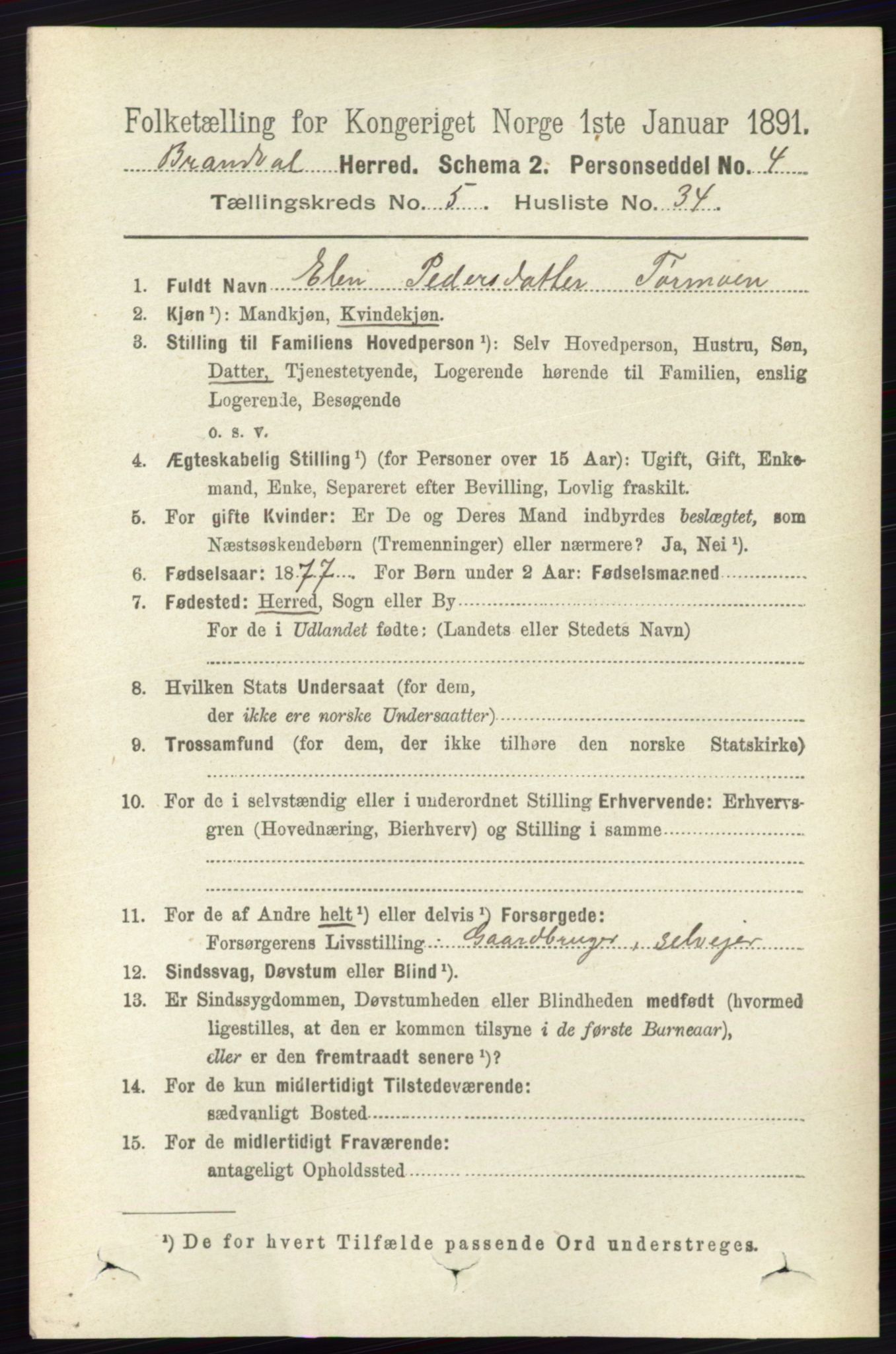 RA, 1891 census for 0422 Brandval, 1891, p. 2425