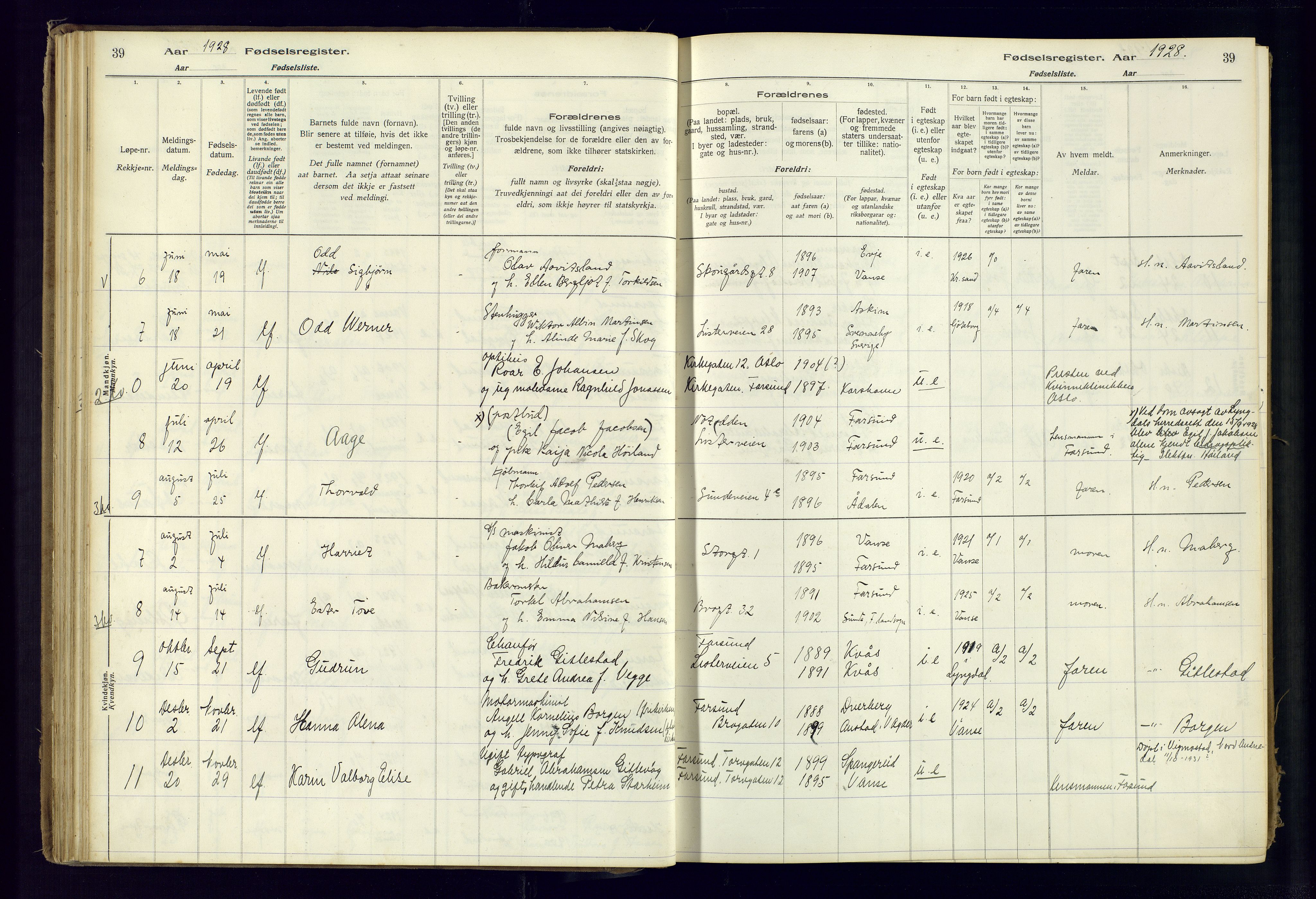 Farsund sokneprestkontor, AV/SAK-1111-0009/J/Ja/L0001: Birth register no. A-VI-8, 1916-1950, p. 39