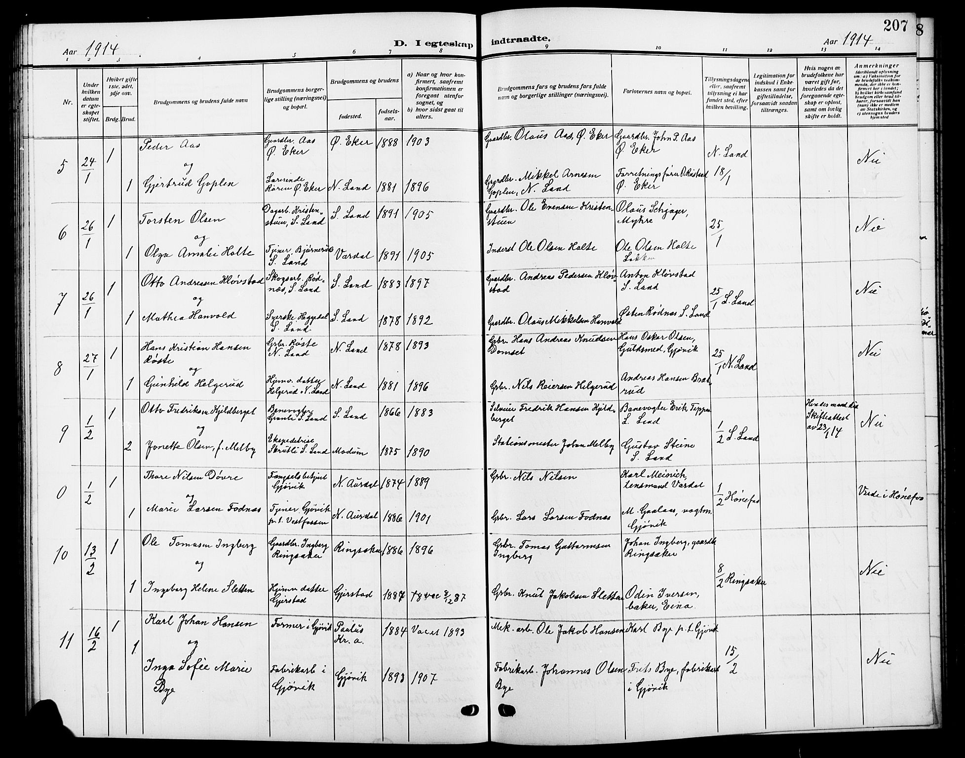 Vardal prestekontor, SAH/PREST-100/H/Ha/Hab/L0014: Parish register (copy) no. 14, 1911-1922, p. 207