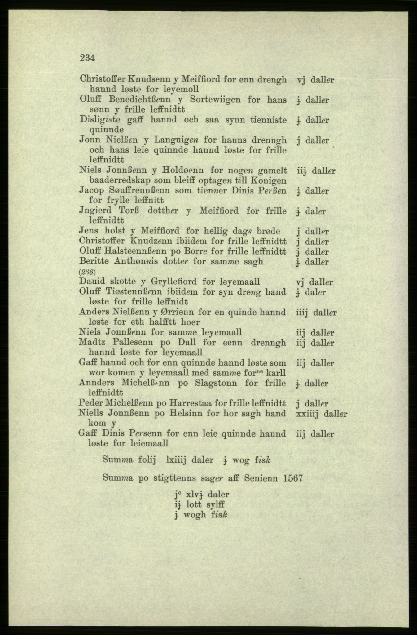 Publikasjoner utgitt av Arkivverket, PUBL/PUBL-001/C/0005: Bind 5: Rekneskap for Bergenhus len 1566-1567: B. Utgift C. Dei nordlandske lena og Finnmark D. Ekstrakt, 1566-1567, p. 234