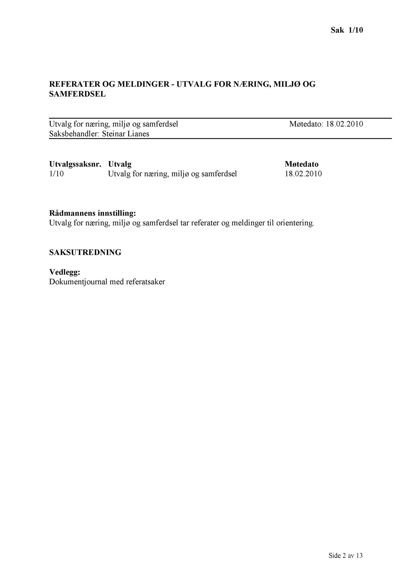 Klæbu Kommune, TRKO/KK/13-NMS/L003: Utvalg for næring, miljø og samferdsel, 2010, p. 3