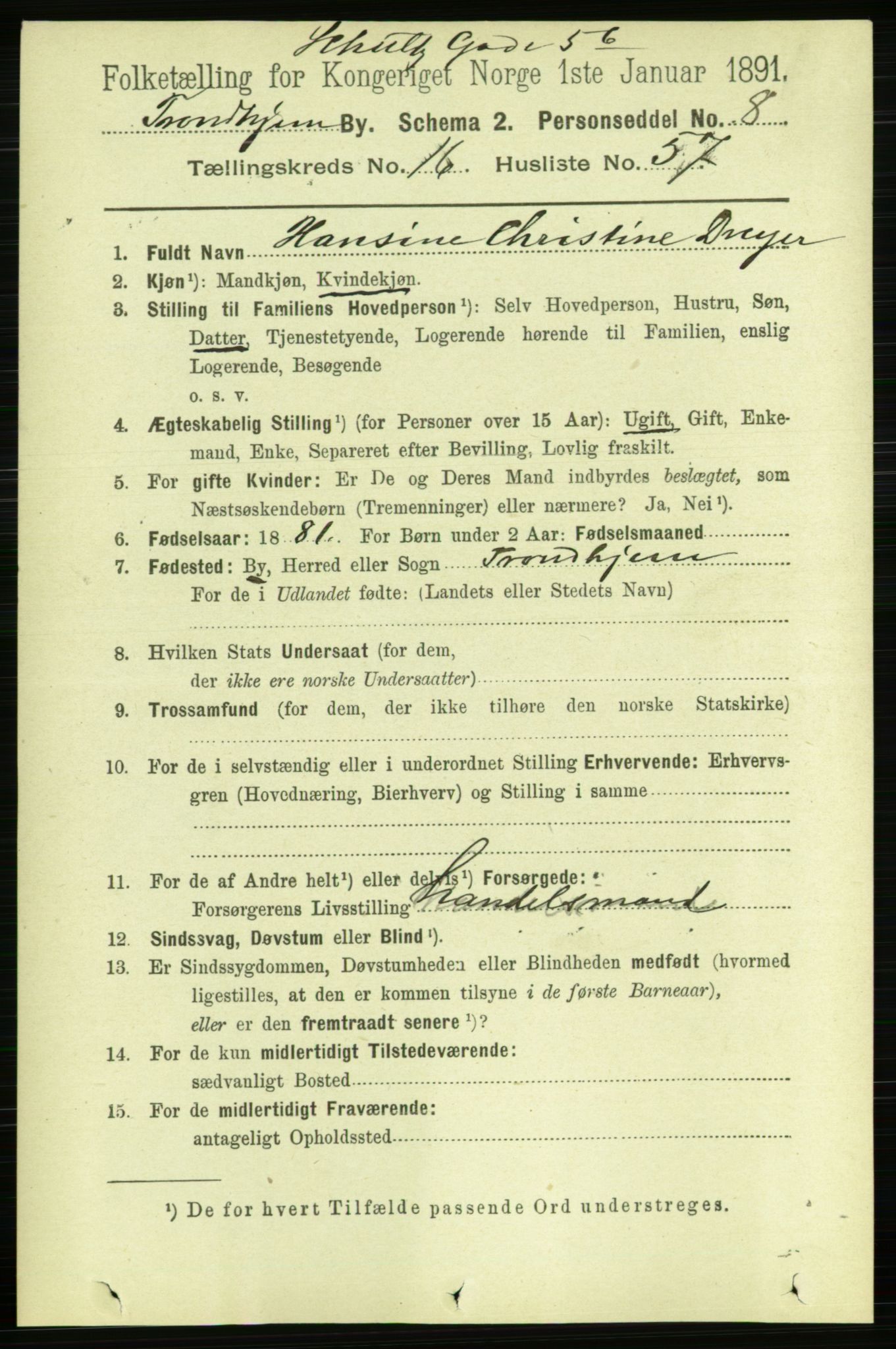 RA, 1891 census for 1601 Trondheim, 1891, p. 12997