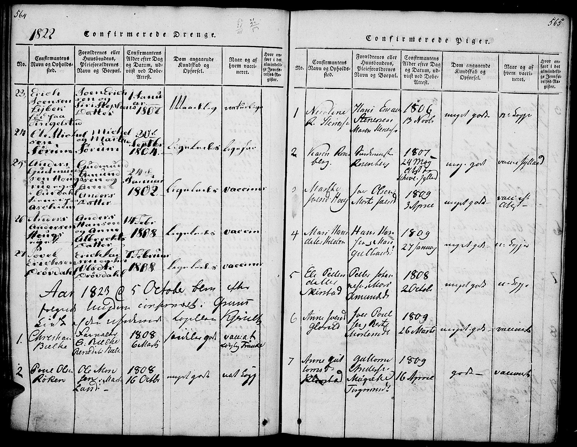 Gran prestekontor, SAH/PREST-112/H/Ha/Haa/L0009: Parish register (official) no. 9, 1815-1824, p. 564-565