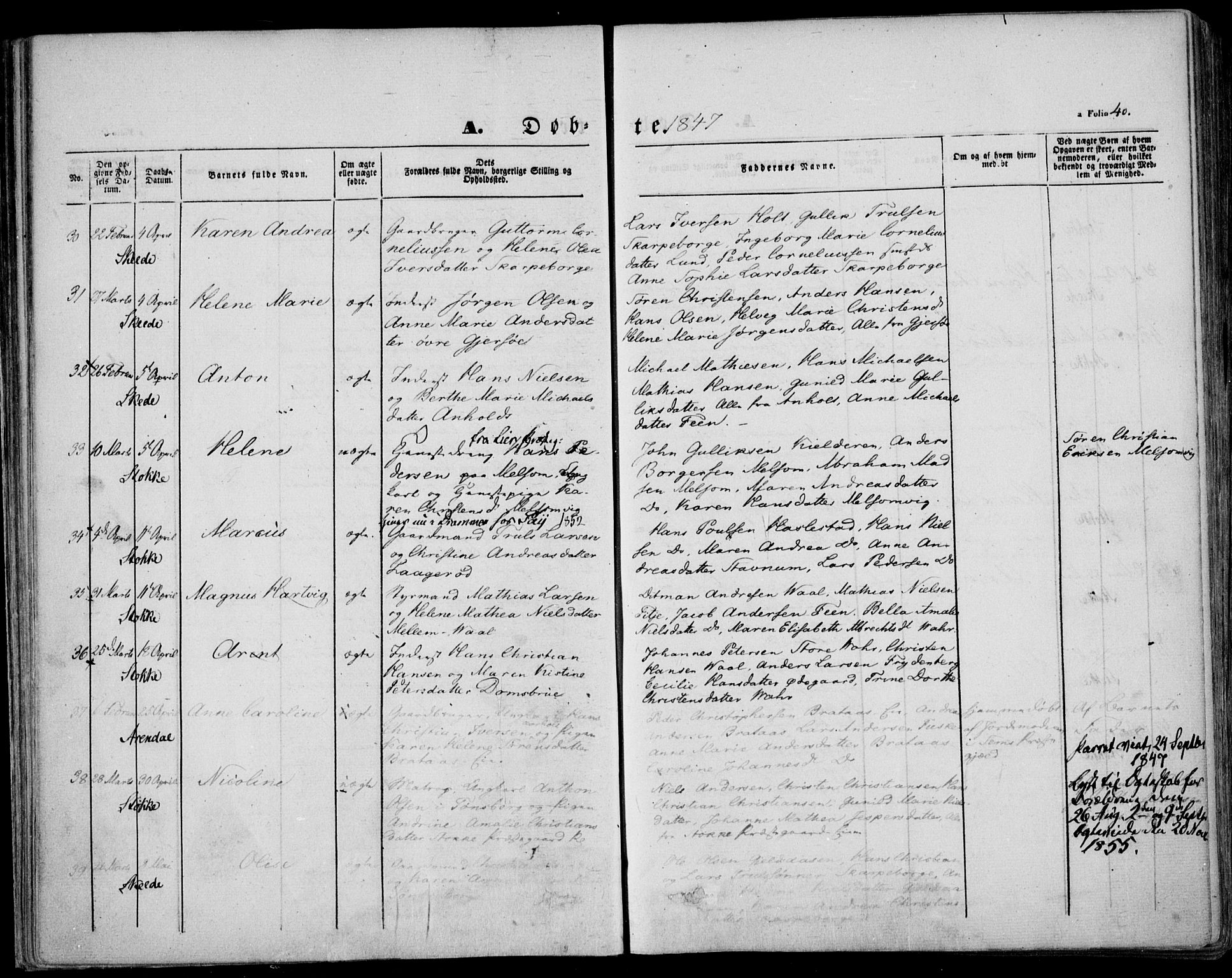 Stokke kirkebøker, AV/SAKO-A-320/F/Fa/L0007: Parish register (official) no. I 7, 1844-1857, p. 40