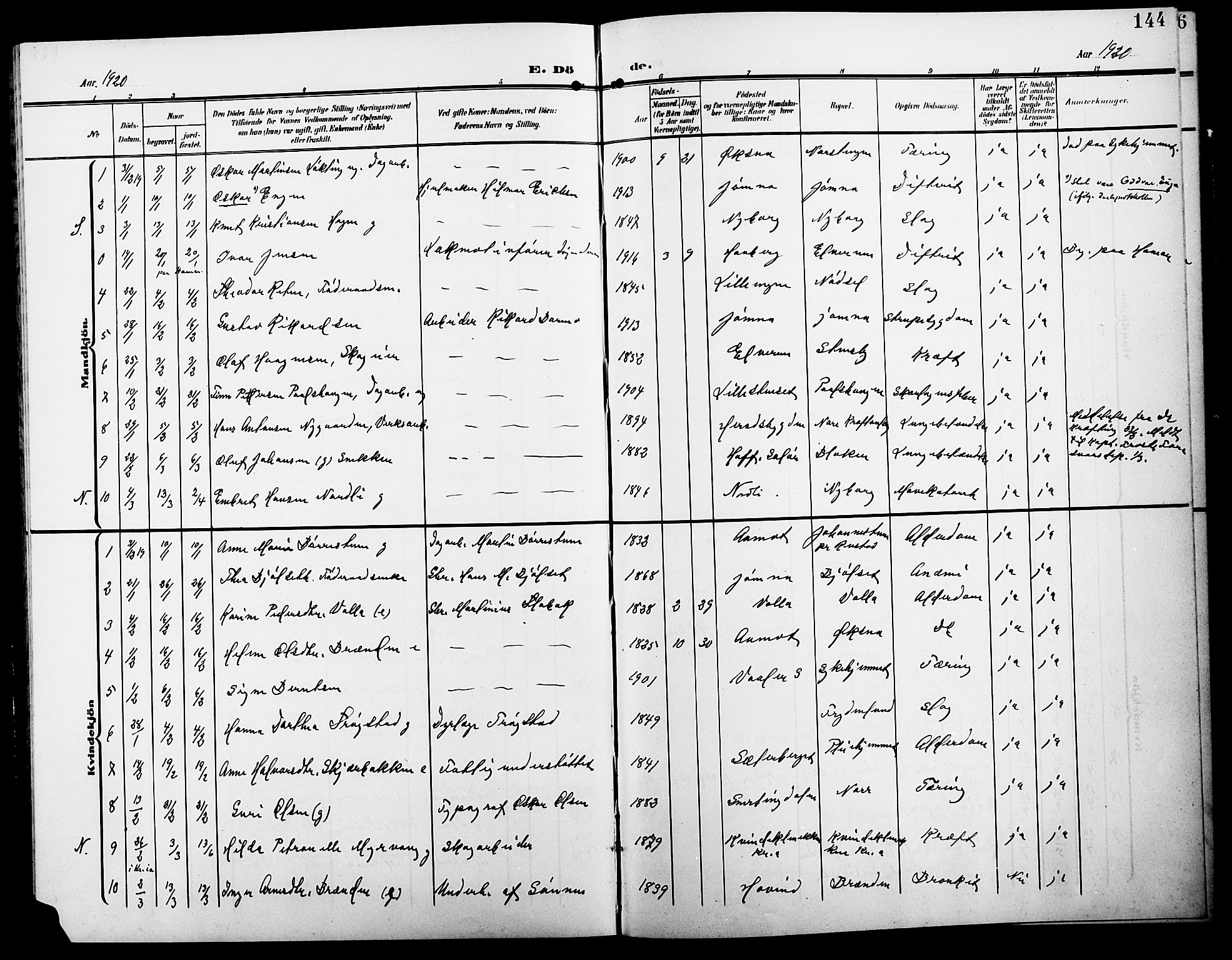 Elverum prestekontor, AV/SAH-PREST-044/H/Ha/Hab/L0009: Parish register (copy) no. 9, 1908-1921, p. 144