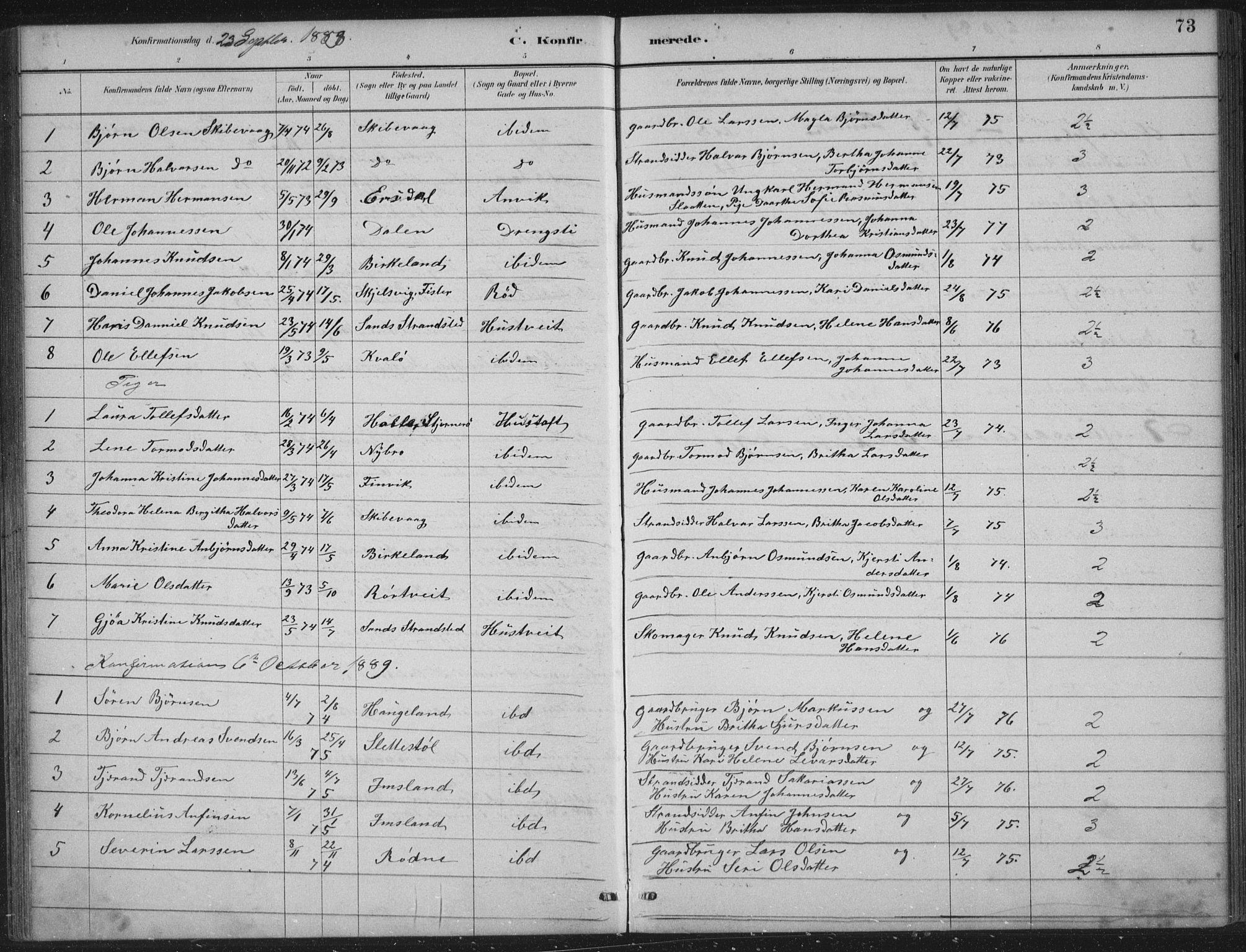 Vikedal sokneprestkontor, AV/SAST-A-101840/01/IV: Parish register (official) no. A 12, 1886-1929, p. 73