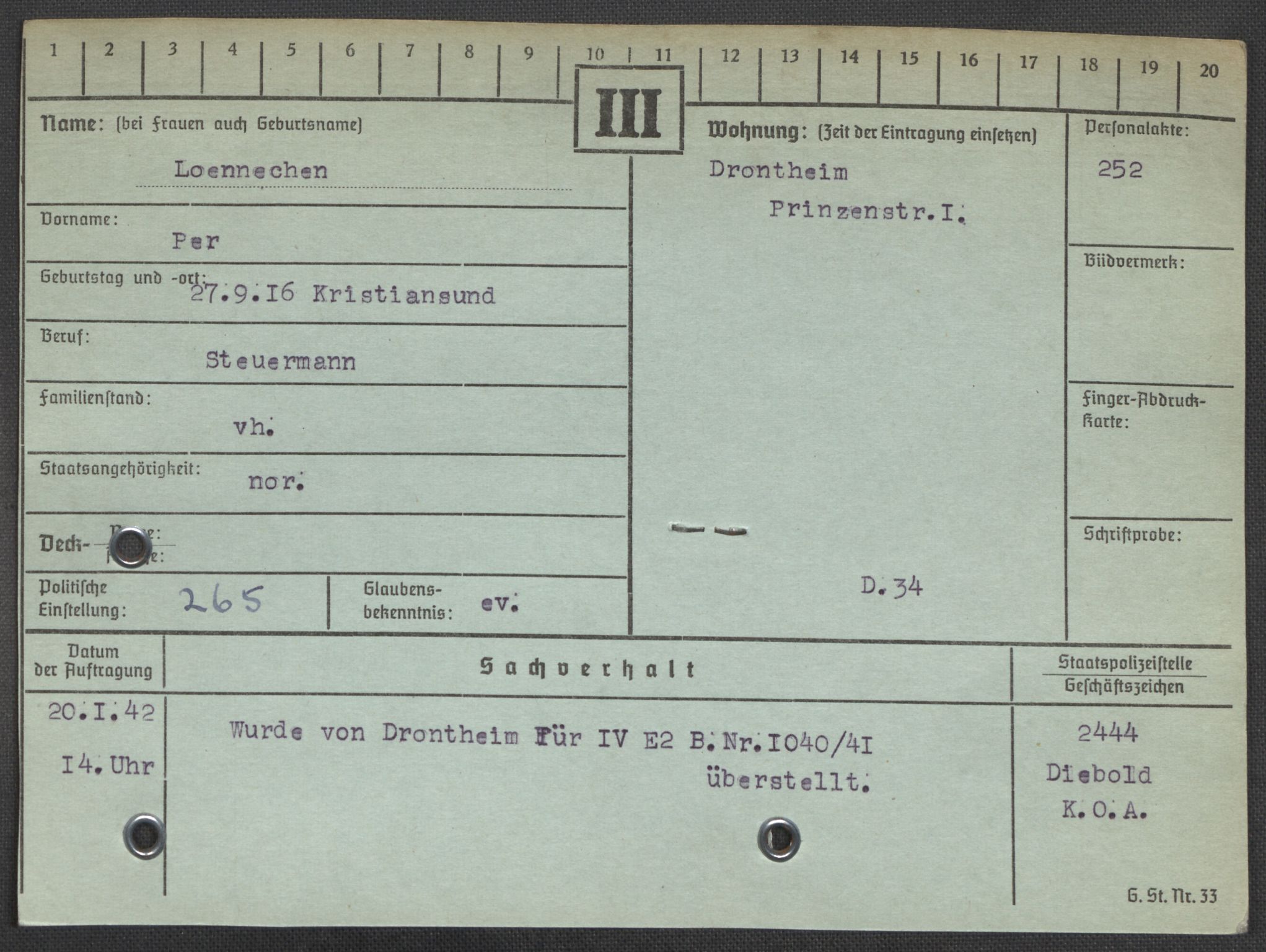 Befehlshaber der Sicherheitspolizei und des SD, AV/RA-RAFA-5969/E/Ea/Eaa/L0006: Register over norske fanger i Møllergata 19: Kj-Lund, 1940-1945, p. 1207