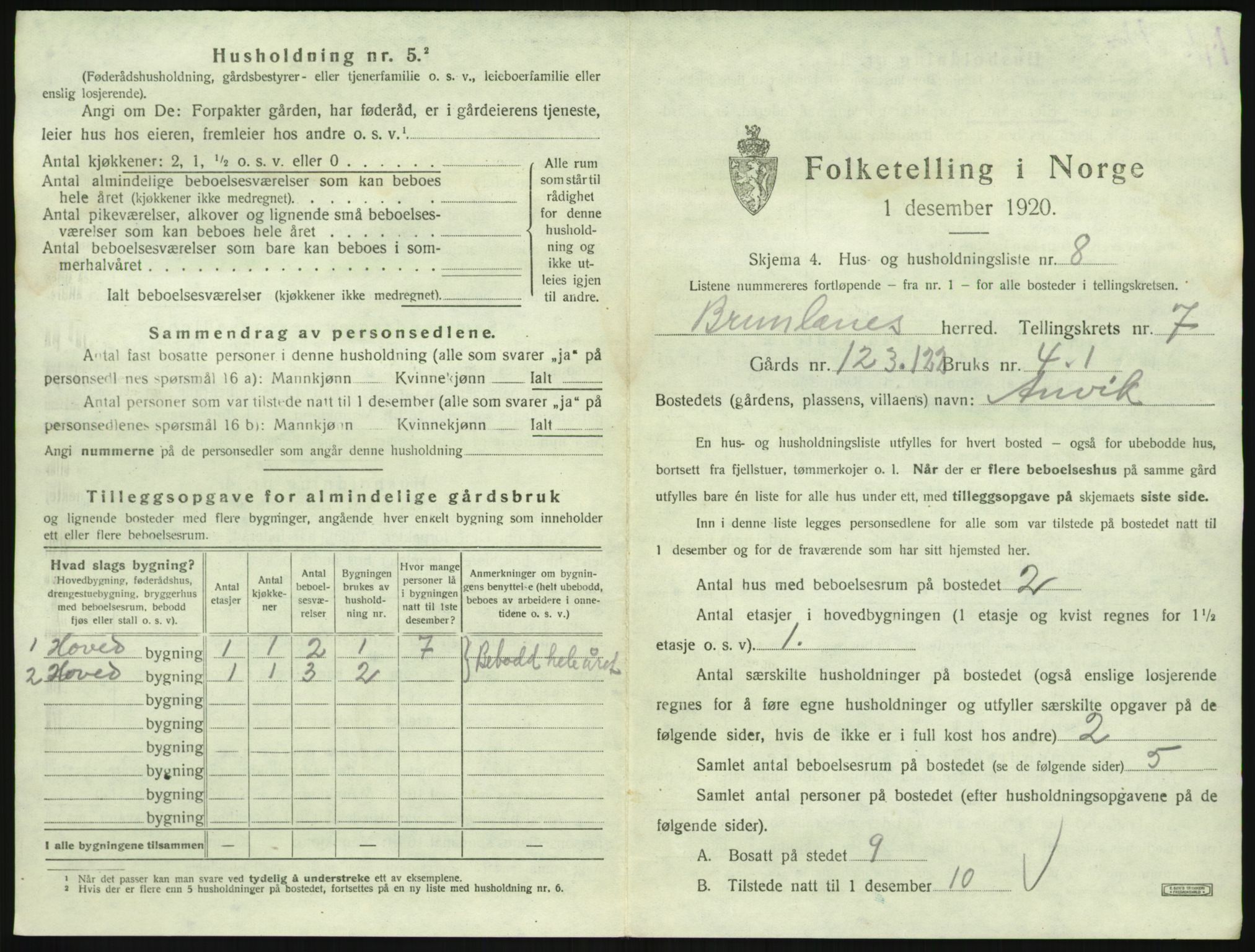 SAKO, 1920 census for Brunlanes, 1920, p. 937
