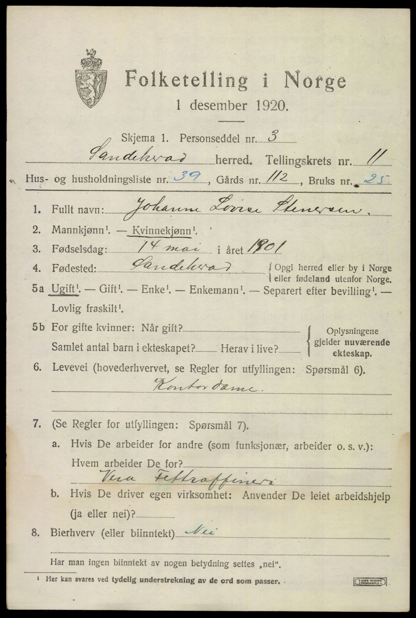 SAKO, 1920 census for Sandeherred, 1920, p. 16152