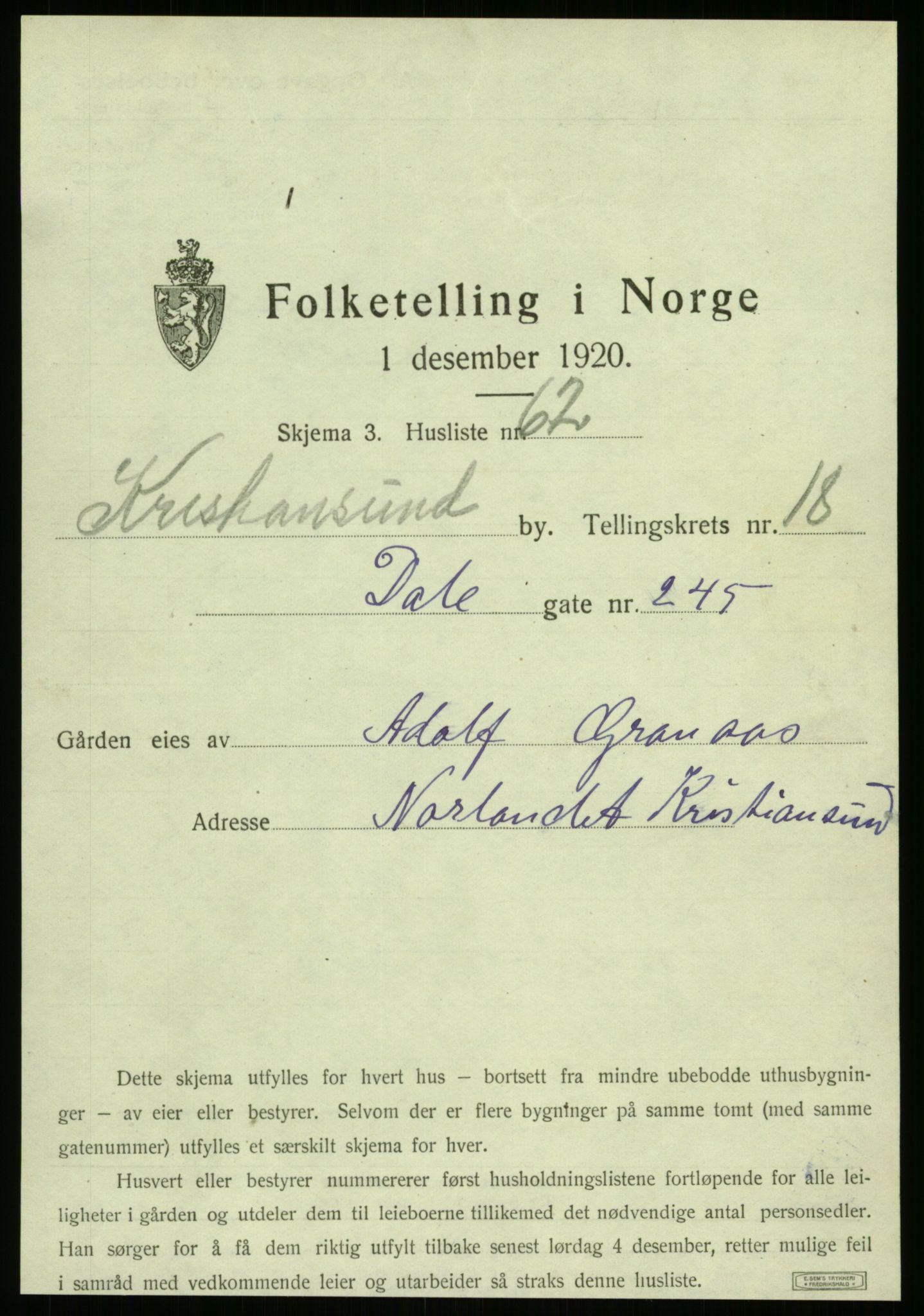 SAT, 1920 census for Kristiansund, 1920, p. 225