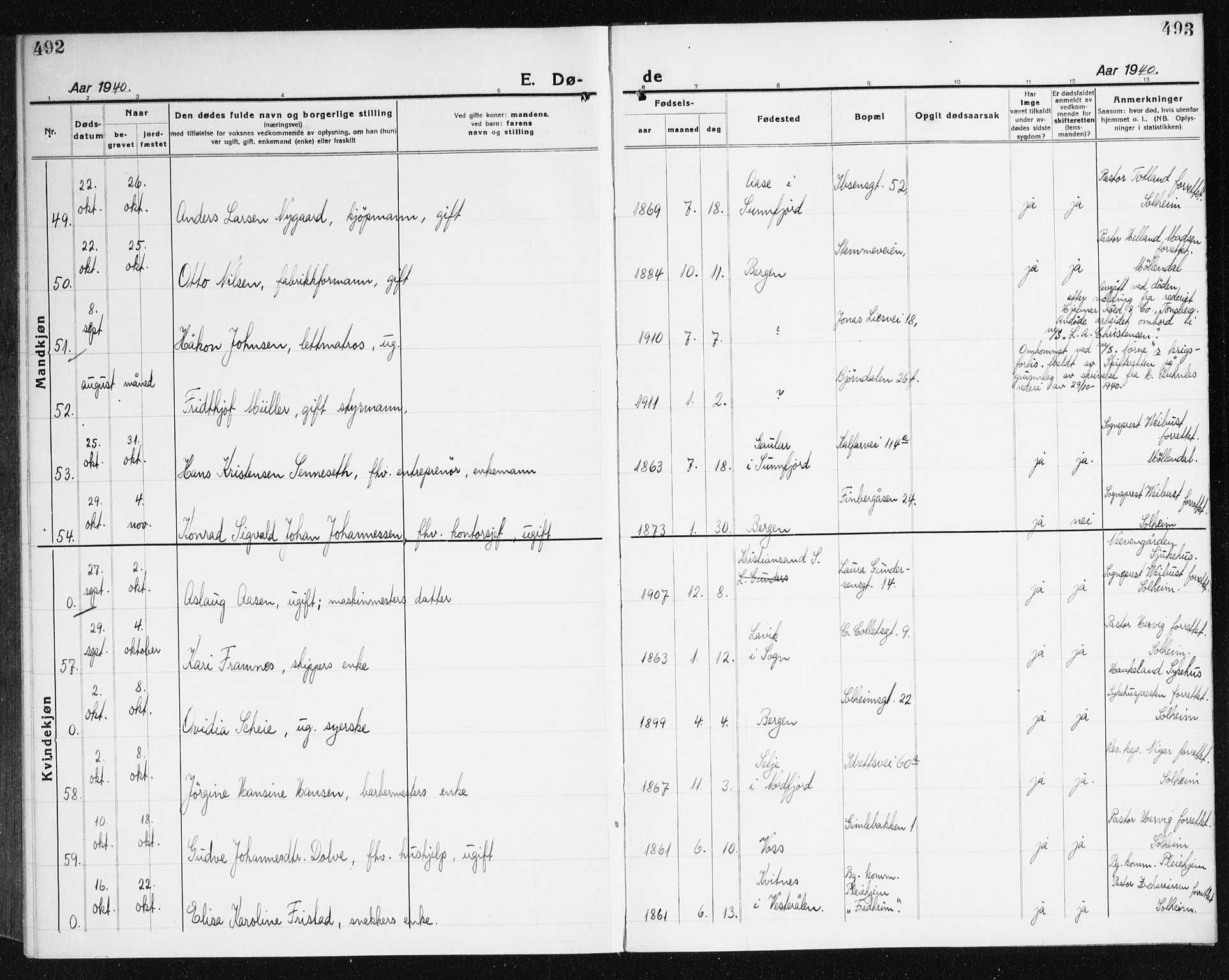 Årstad Sokneprestembete, AV/SAB-A-79301/H/Haa/L0010: Parish register (official) no. E 1, 1921-1940, p. 492-493