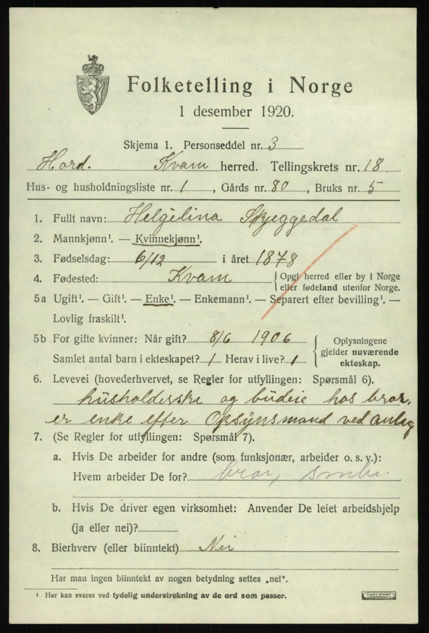 SAB, 1920 census for Kvam, 1920, p. 9869