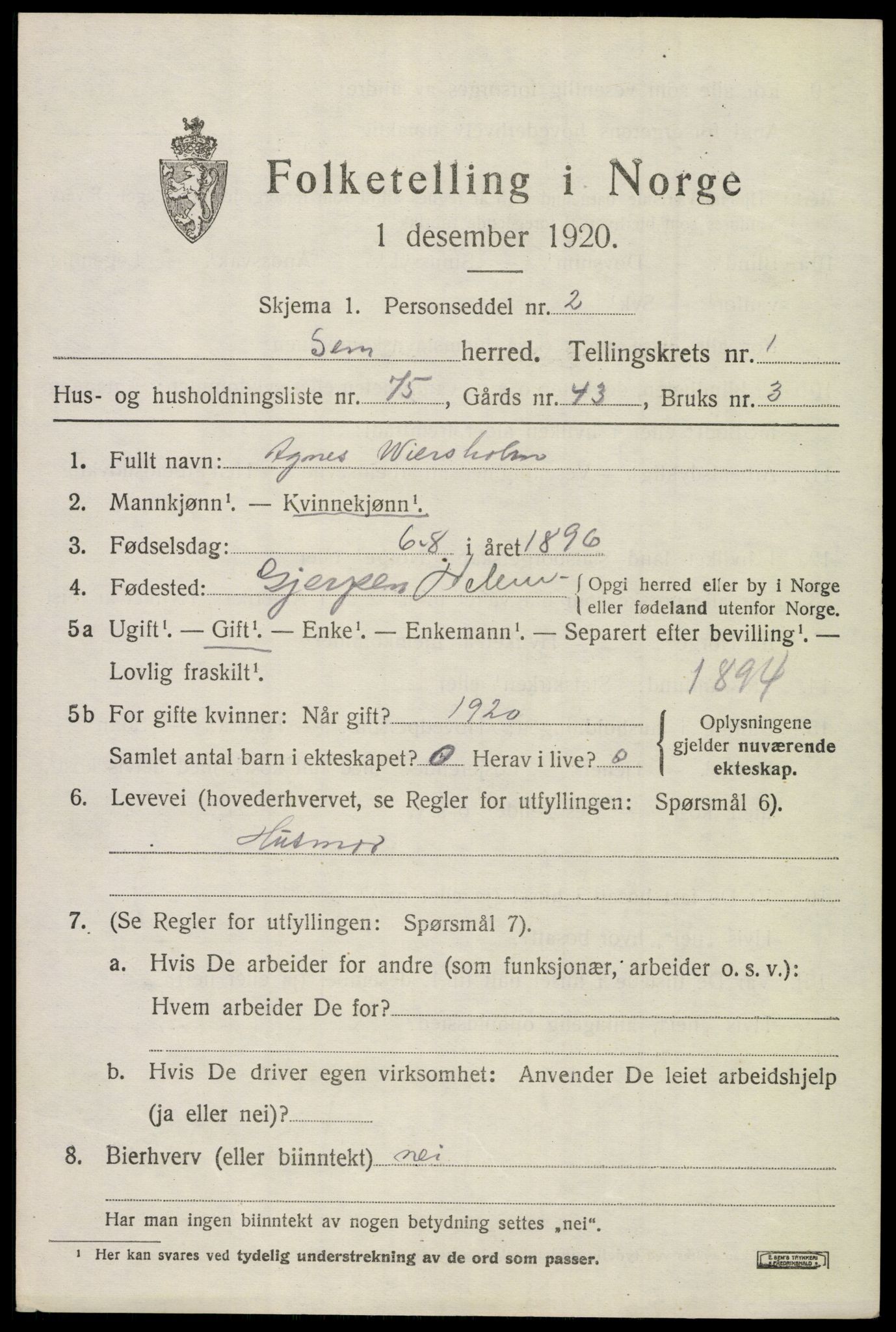 SAKO, 1920 census for Sem, 1920, p. 3591