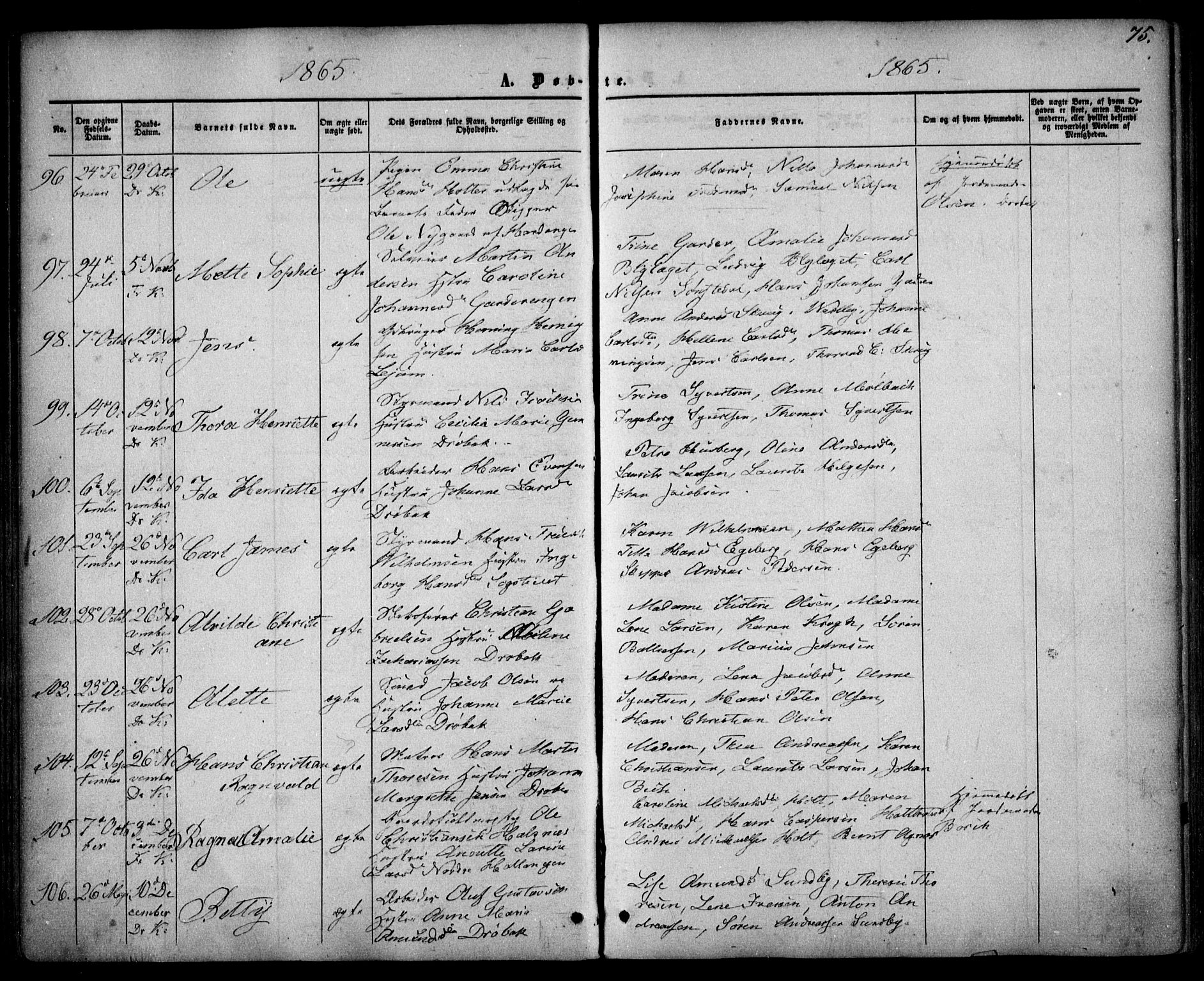 Drøbak prestekontor Kirkebøker, AV/SAO-A-10142a/F/Fa/L0002: Parish register (official) no. I 2, 1858-1870, p. 75