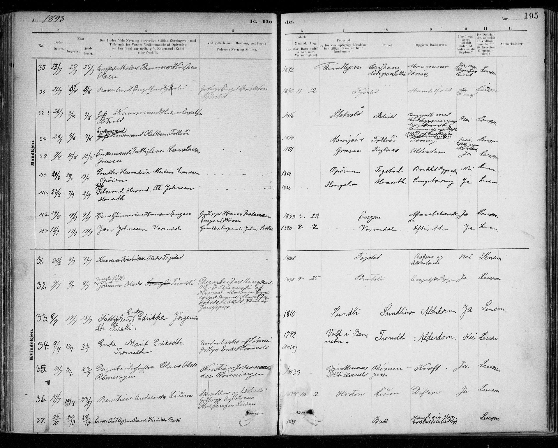 Ministerialprotokoller, klokkerbøker og fødselsregistre - Sør-Trøndelag, AV/SAT-A-1456/668/L0810: Parish register (official) no. 668A10, 1881-1894, p. 195