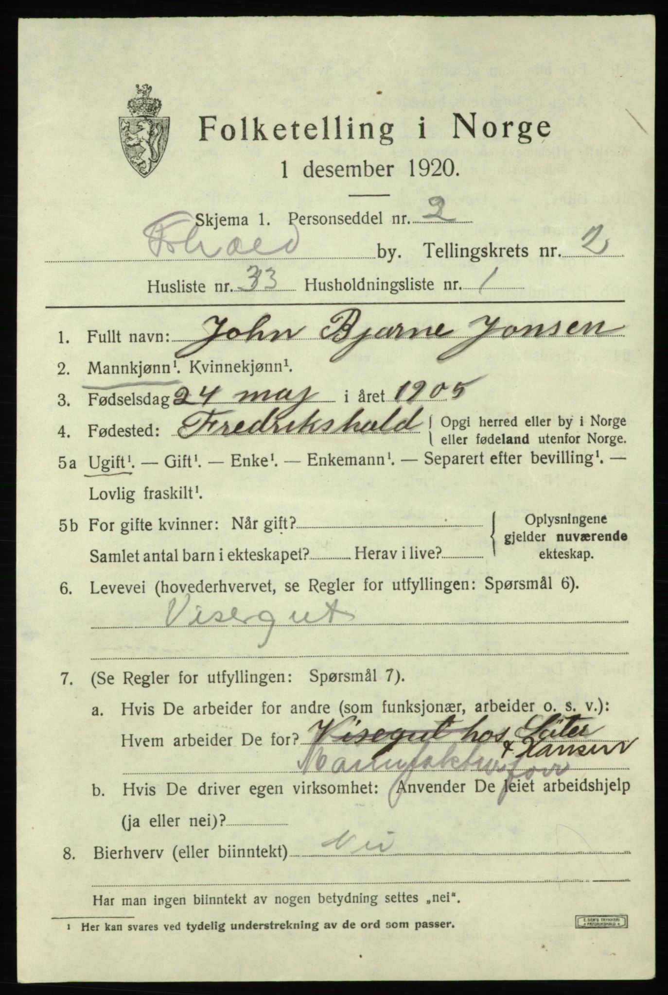 SAO, 1920 census for Fredrikshald, 1920, p. 10125